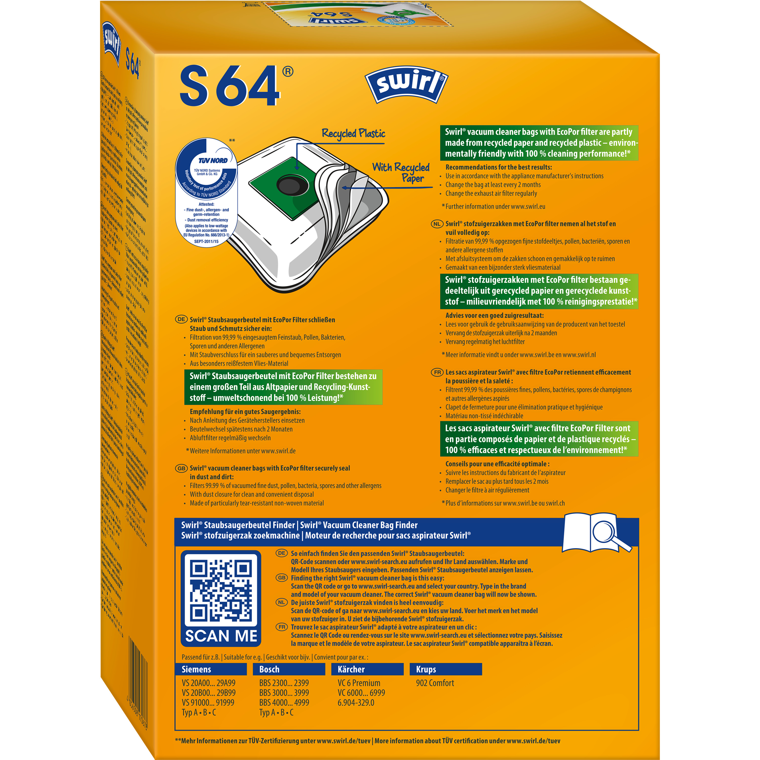 Verpackung für Staubsaugerbeutel. Der Beutel ist weiß mit grünem und gelbem Design. Text ist sichtbar.