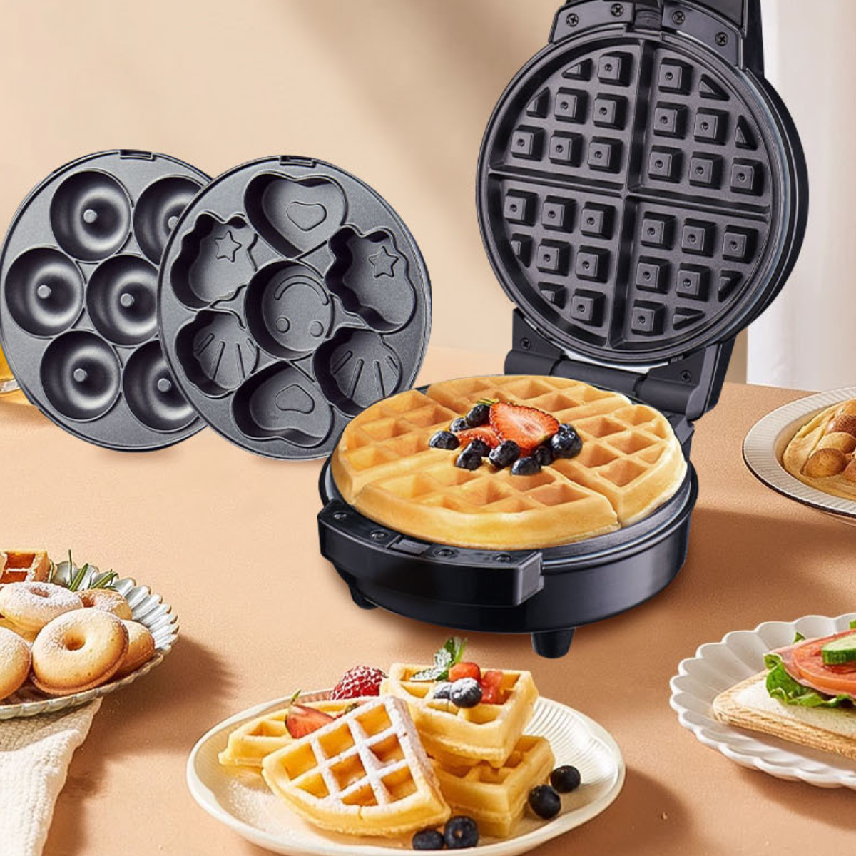 UWOT Mini-3-in-1-Frühstückszubereiter: Sandwiches, Waffeln, Donuts, sind geeignet! Waffeleisen Schwarz Kuchen und alle Kekse