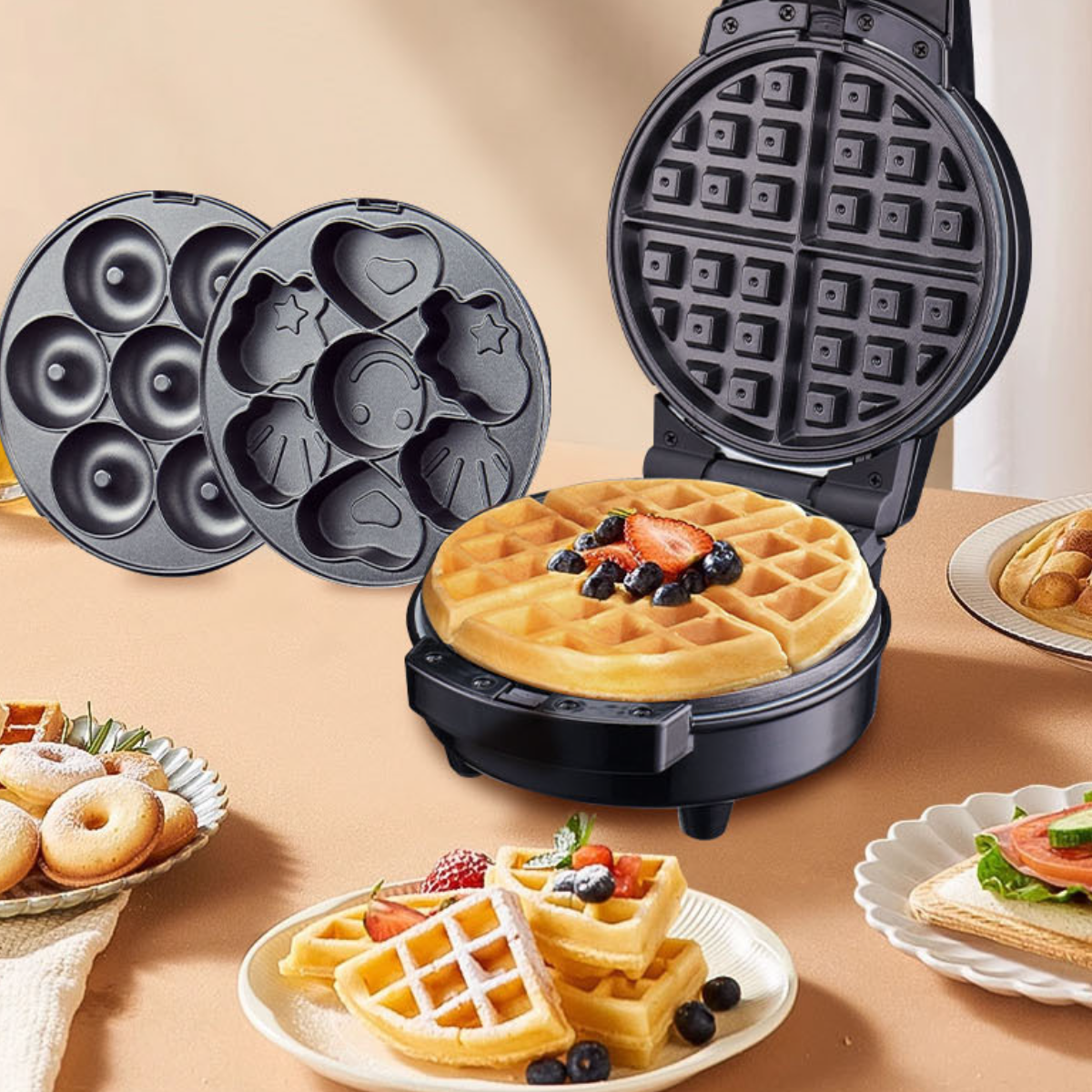 Waffeleisen mit Waffeln und anderen Waffelformen. Beeren auf den Waffeln.