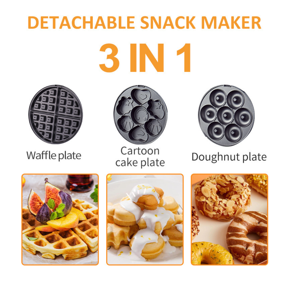 Ein abnehmbarer Snack-Maker, der Waffel-, Cartoon-Kuchen- und Donut-Platten mit Beispielen für jedes Essen zeigt.