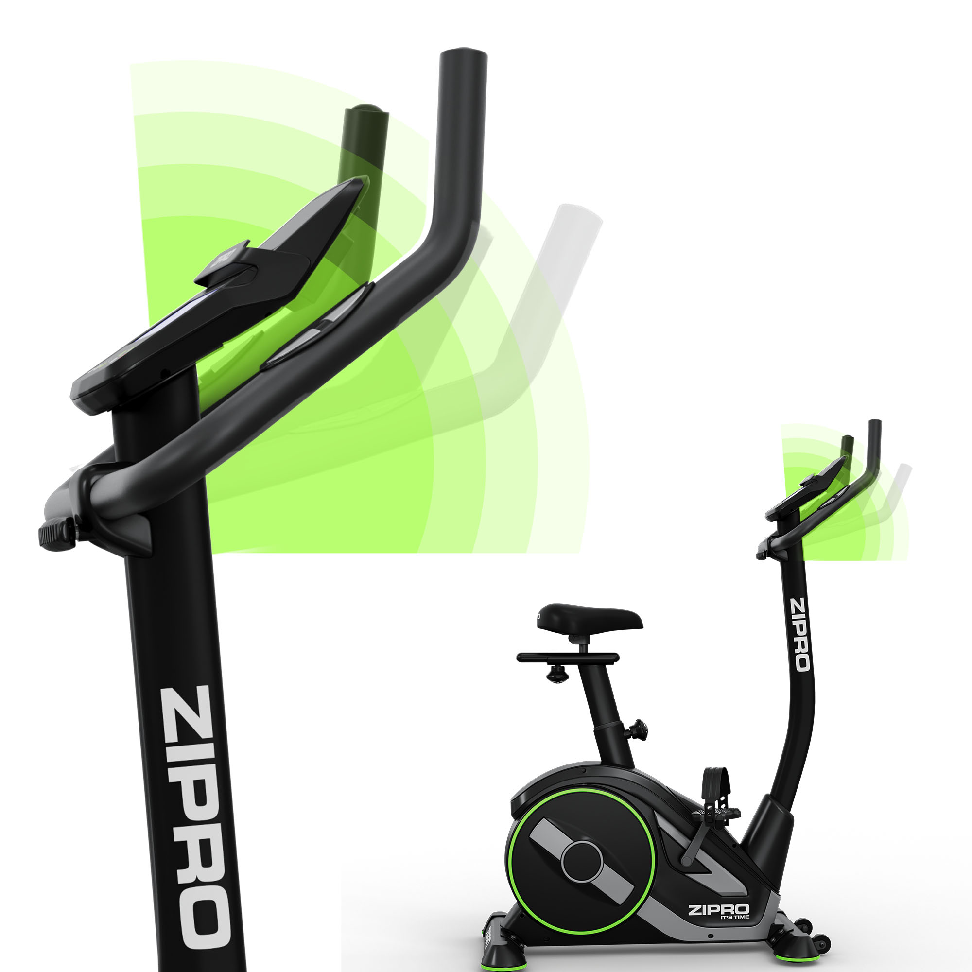 Bicicleta estática Zipro negra y verde con manillar ajustable y un acento verde.