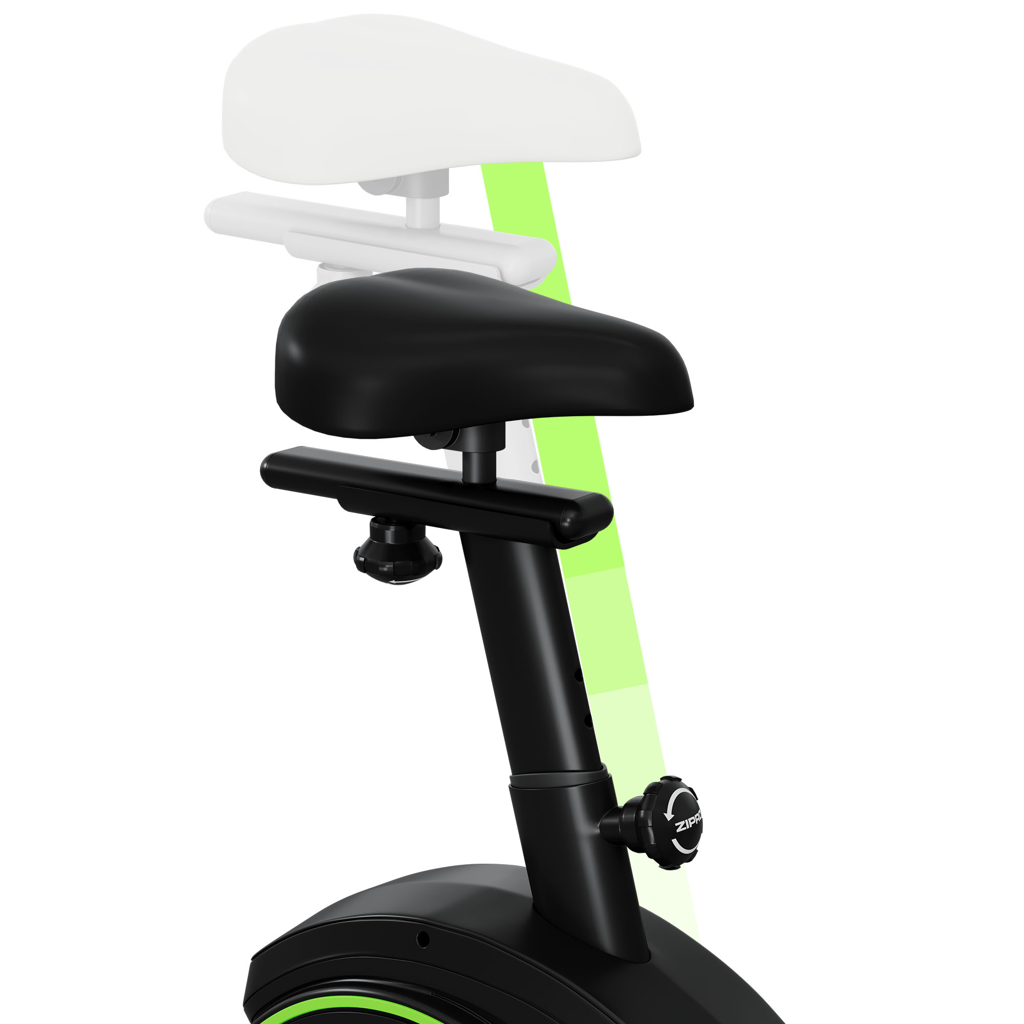 Asiento de bicicleta estática con altura ajustable. Asiento y poste negros, con acento verde.