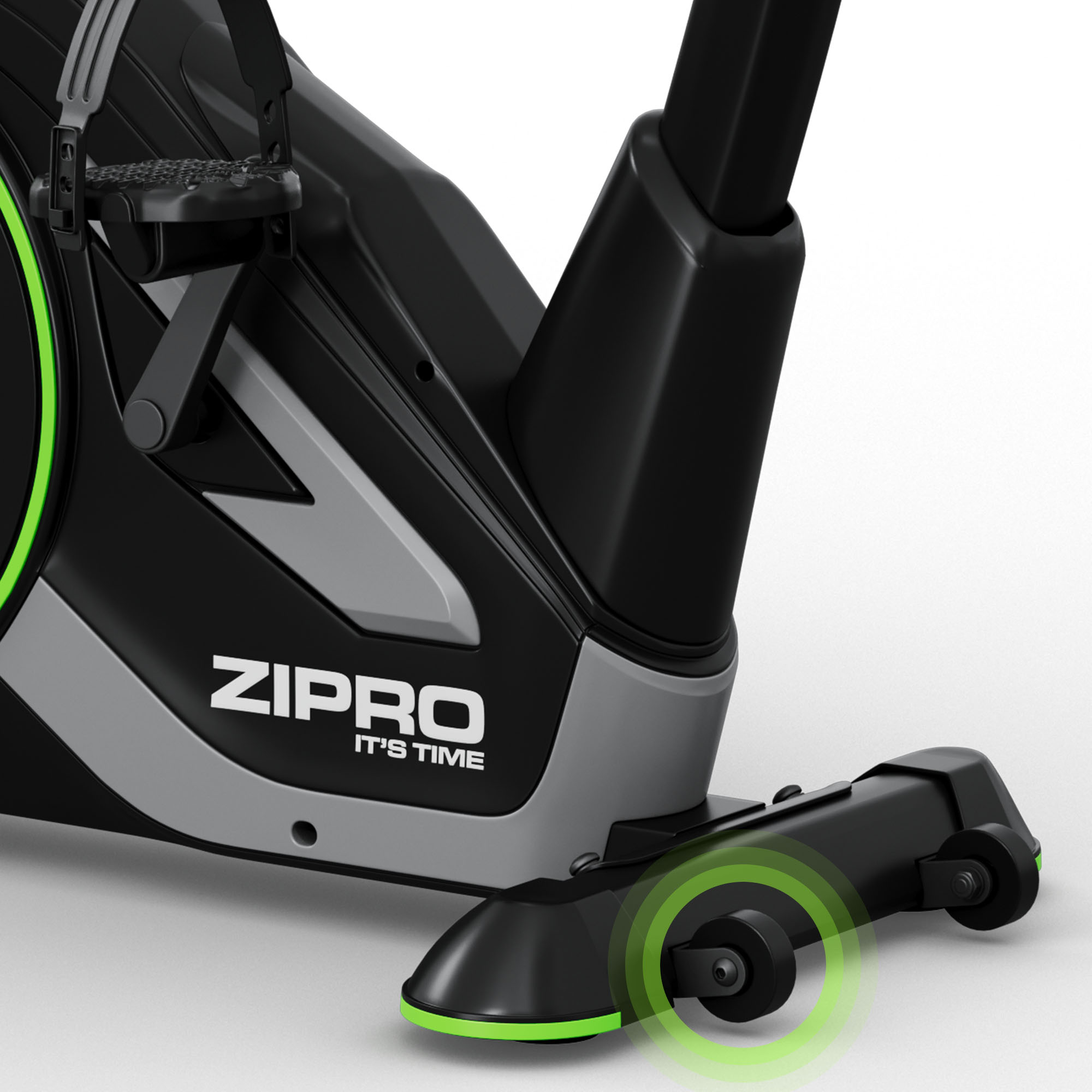 Primer plano de la base de una bicicleta estática negra con el logotipo ZIPI. Hay detalles verdes.