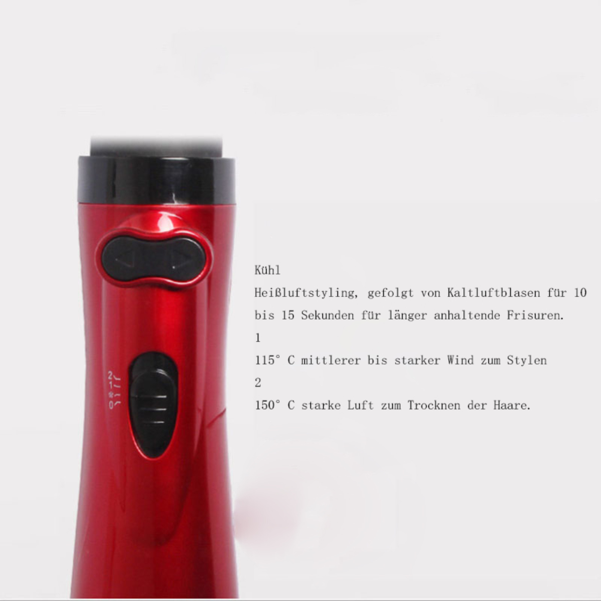 Ein roter Haarstyler, mit Text, der Heizeinstellungen zum Stylen und Trocknen der Haare beschreibt. Der Styler ist weiß.