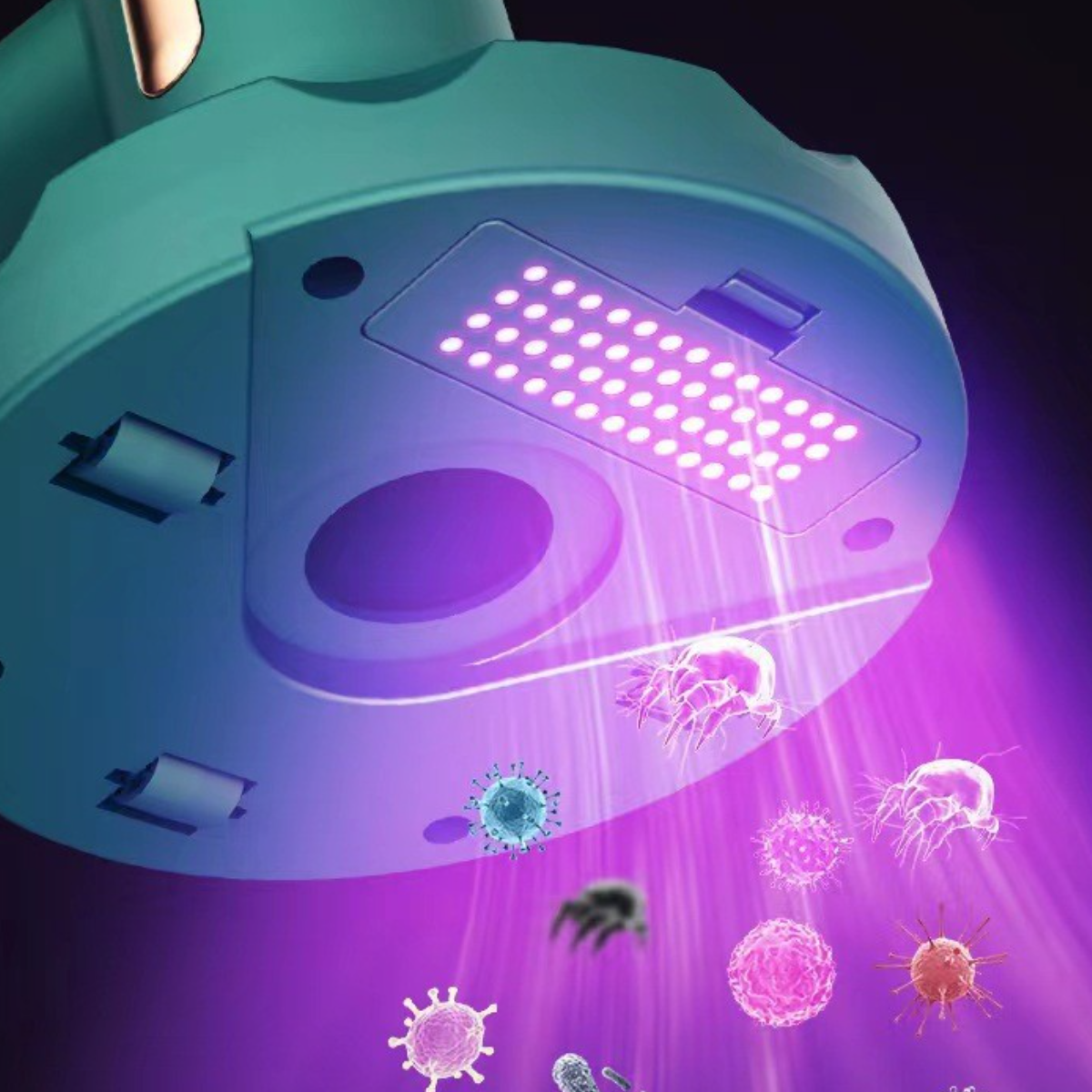 Gerät, das UV-Licht mit violetten Strahlen aussendet. Mikroben werden visualisiert, die vom Licht getroffen werden.