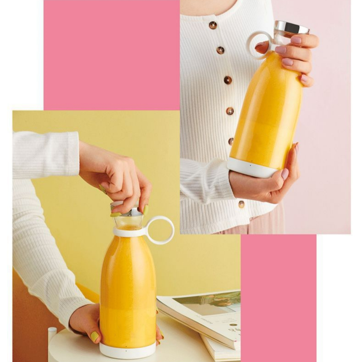 Eine Frau hält eine gelbe Getränkeflasche. Eine andere Flasche steht auf einem Tisch mit einem Buch. Rosa und gelbe Hintergründe.