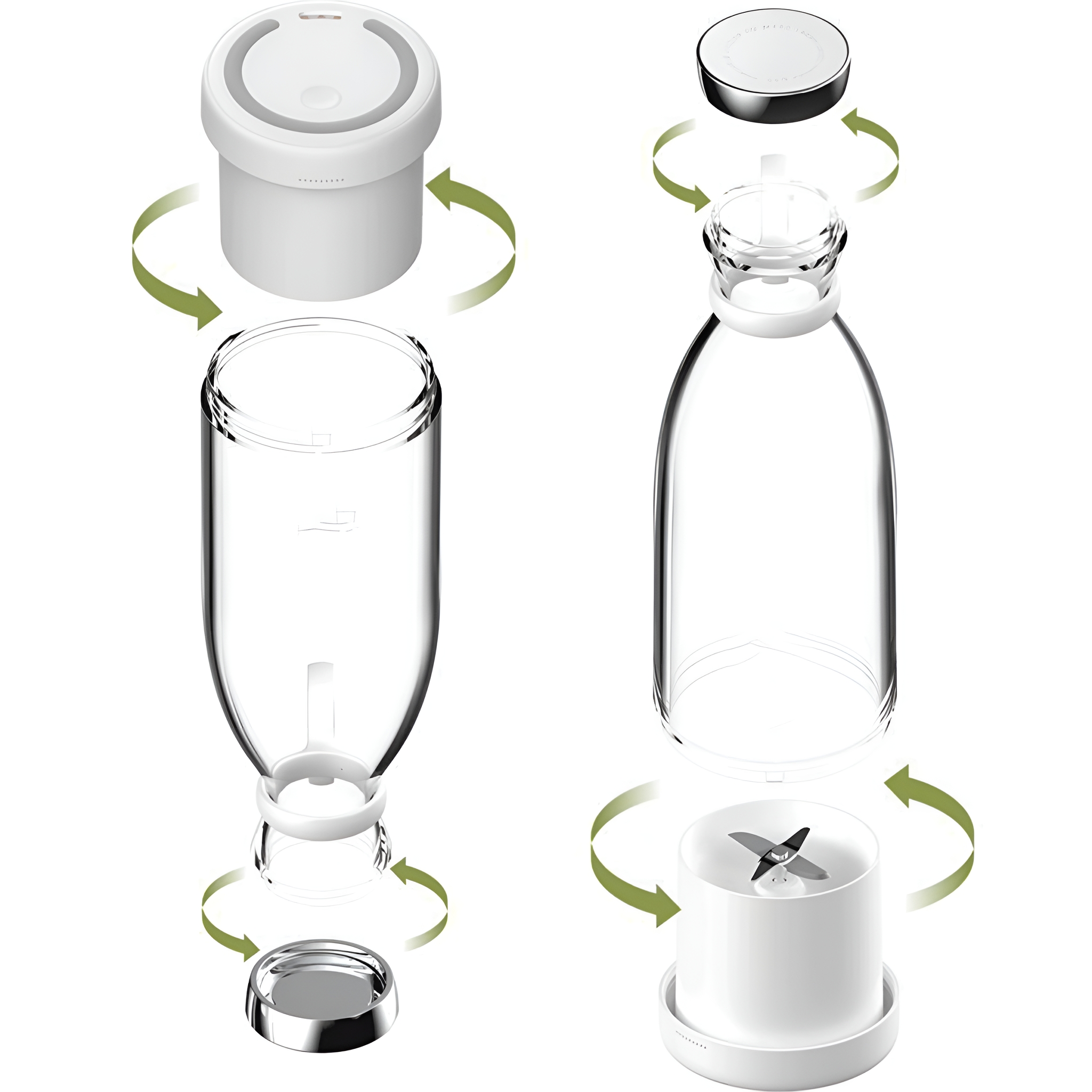 Zerlegte Teile eines Mixers. Glaskörper, weißer Boden und Deckel, mit Klinge.