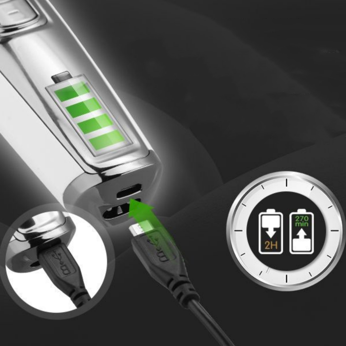 Ein silberner Rasierer mit USB-Ladeanschluss und Einsteckkabel, das den Akkuladestand anzeigt.