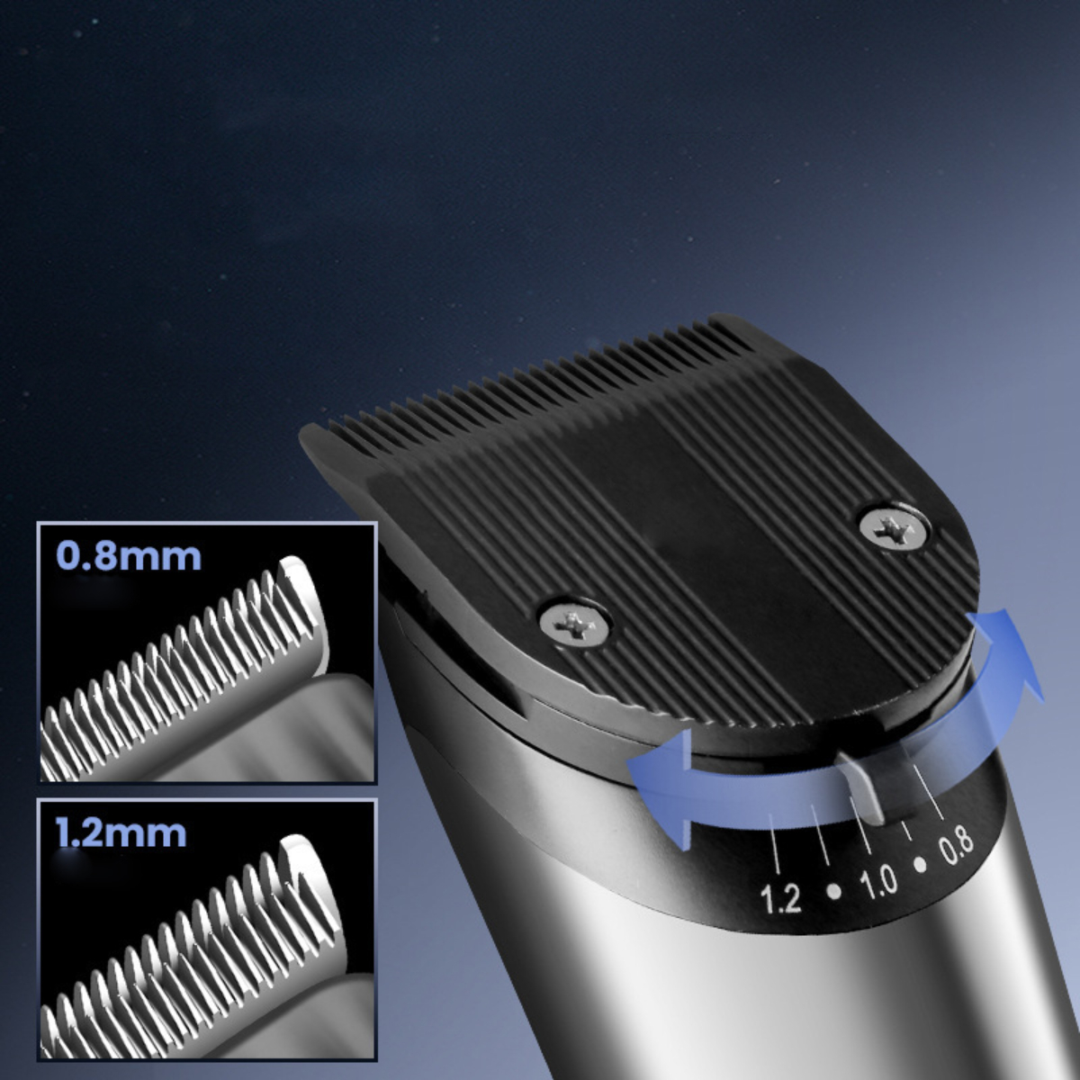 Ein schwarzer Haarschneider mit einem Drehregler, der Schnittlängen von 0,8 mm und 1,2 mm anzeigt.