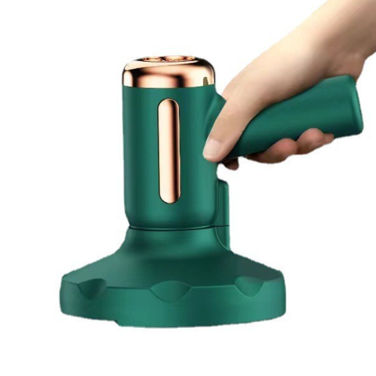 Grünes Hand-Flaschenversiegelungsgerät mit goldenen Akzenten, gehalten von einer Hand.