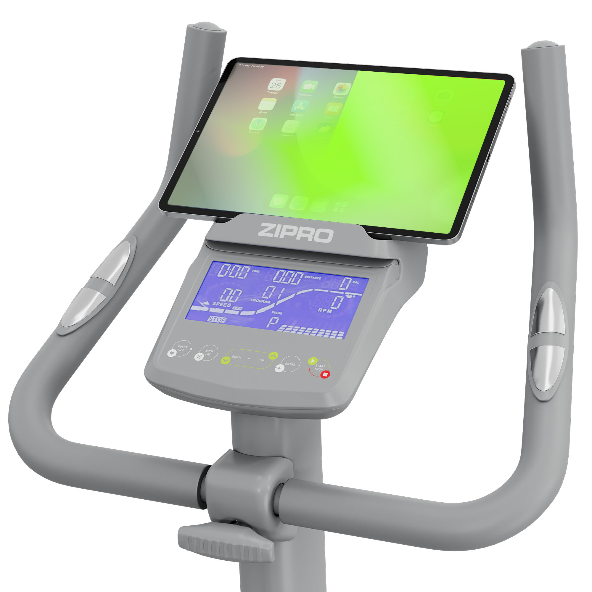 Ein Trainingsfahrrad mit Tablethalterung, die ein Tablet anzeigt. Die Konsole zeigt Geschwindigkeit und andere Metriken.
