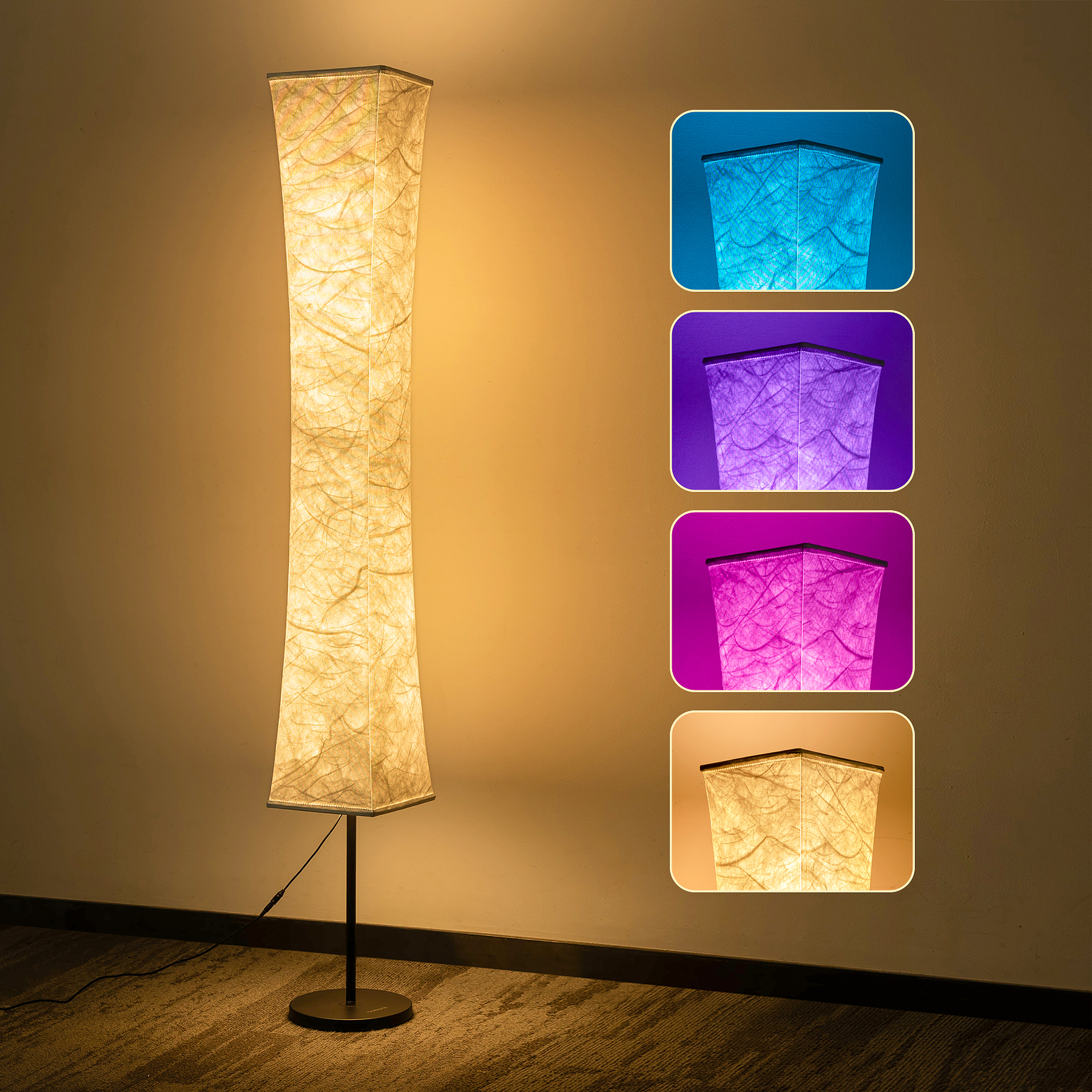 Eine hohe Stehlampe mit strukturiertem Schirm und vier Farboptionen. Die Lampe steht auf dunklem Grund.