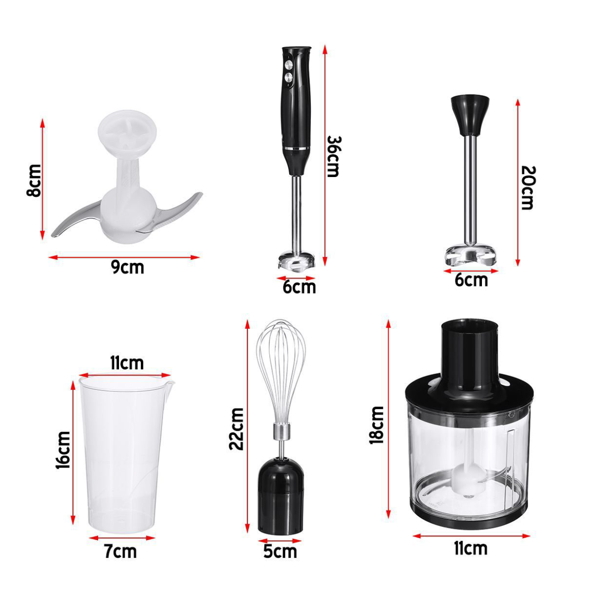 Set von Zubehörteilen für den Mixer. Enthält einen Zerkleinerer, einen Mixer, einen Schneebesen und einen Behälter.