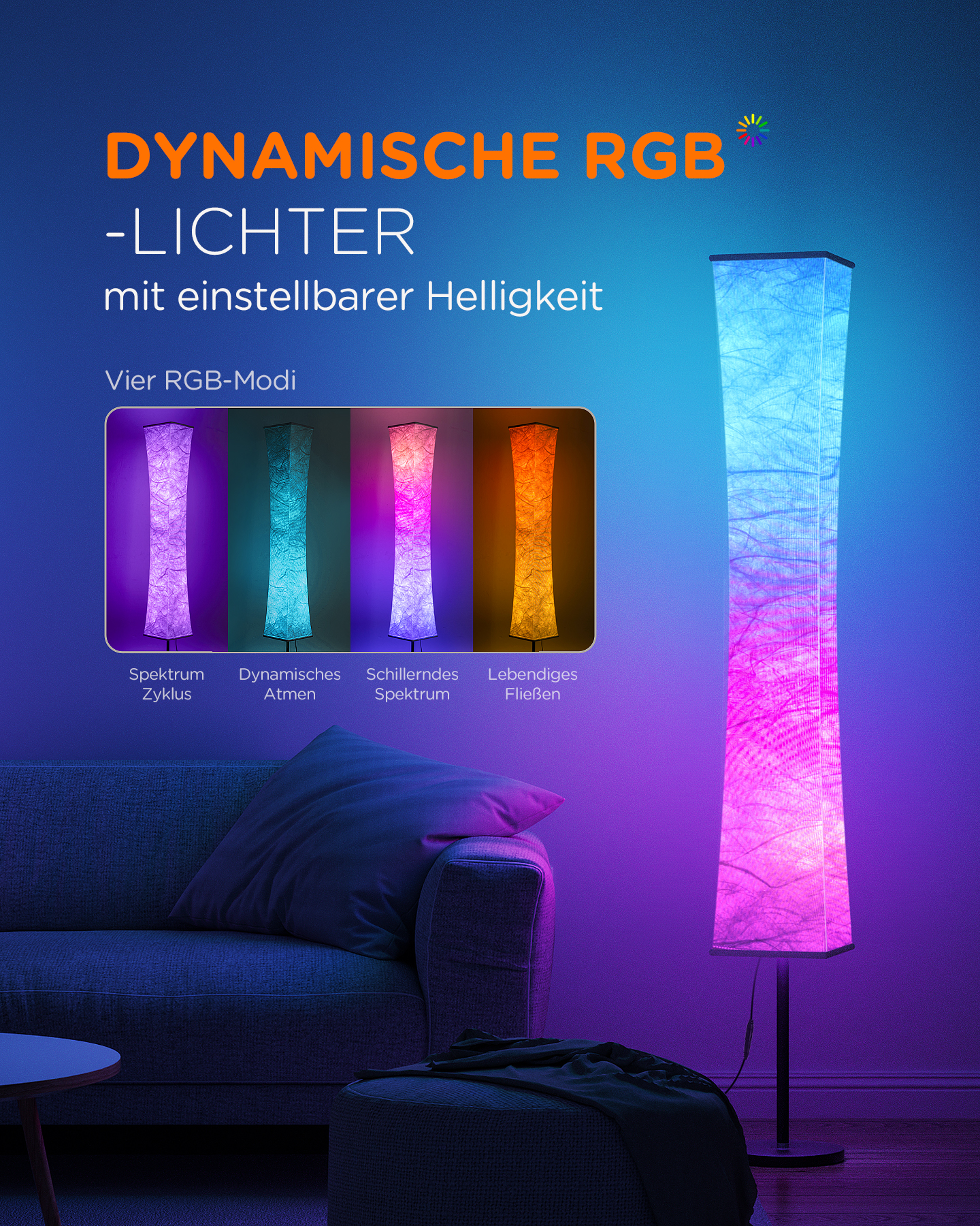 Eine hohe RGB-Stehleuchte mit verschiedenen Farbmodi wird gezeigt. Das Licht ist an.