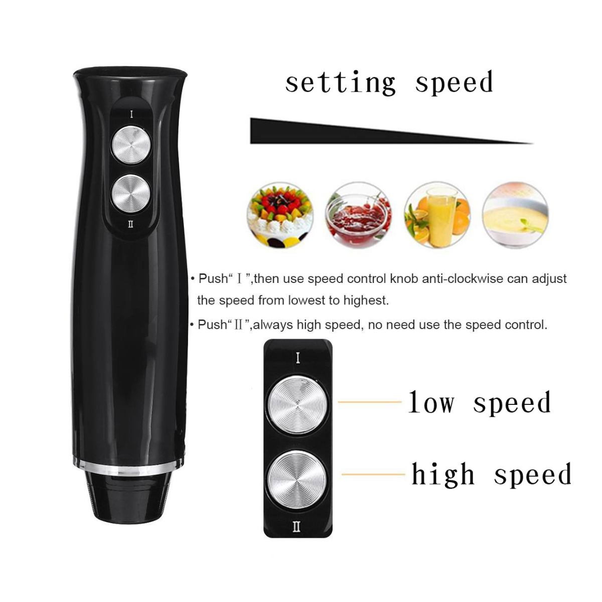 Schwarzer Handmixer mit Geschwindigkeitseinstellungen und Beispielbildern der Essenszubereitung.