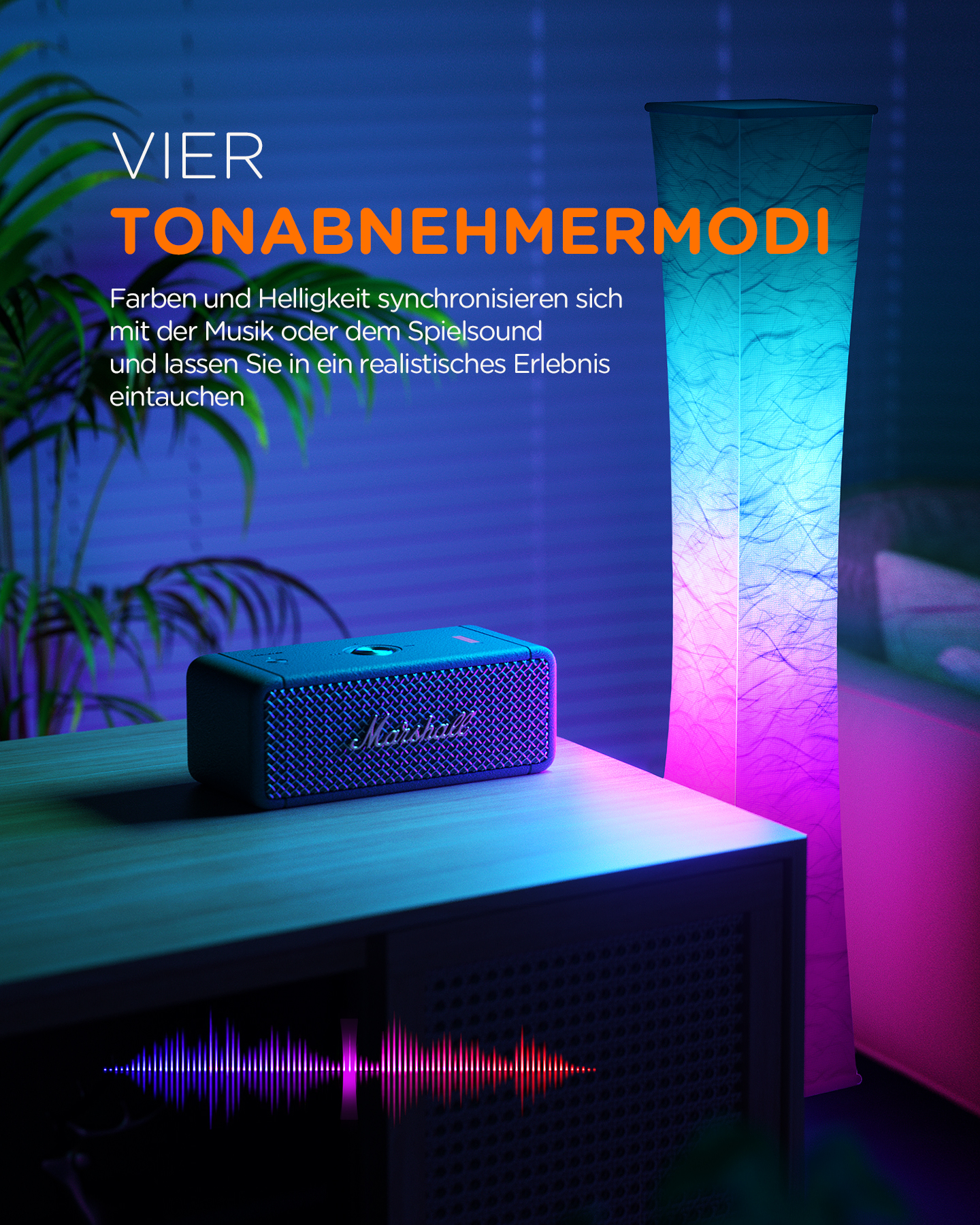 Ein Lautsprecher auf einem Tisch mit bunten Lichtern, die Schallwellen zeigen.