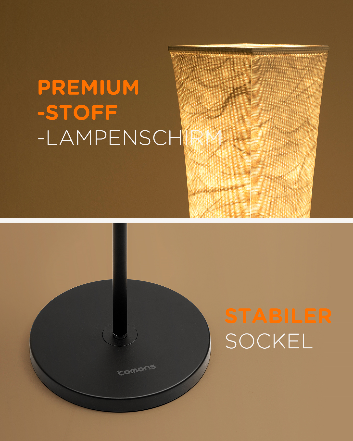 Lampe mit schwarzem Fuß und zylindrischem Schirm mit Premium-Stoff.