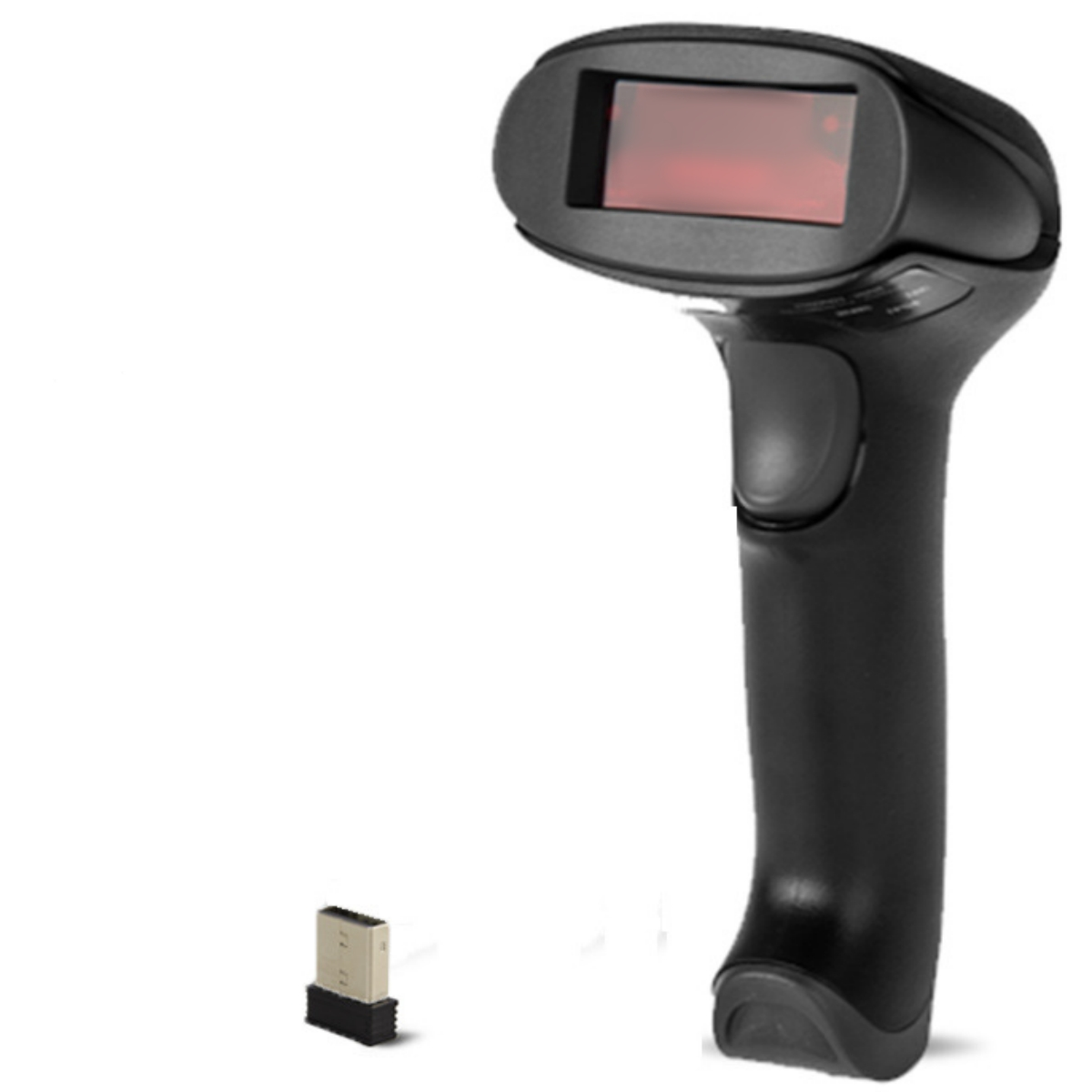 Schwarzer Barcode-Scanner und ein USB-Empfänger. Scanner hat ein rotes Lichtfenster.