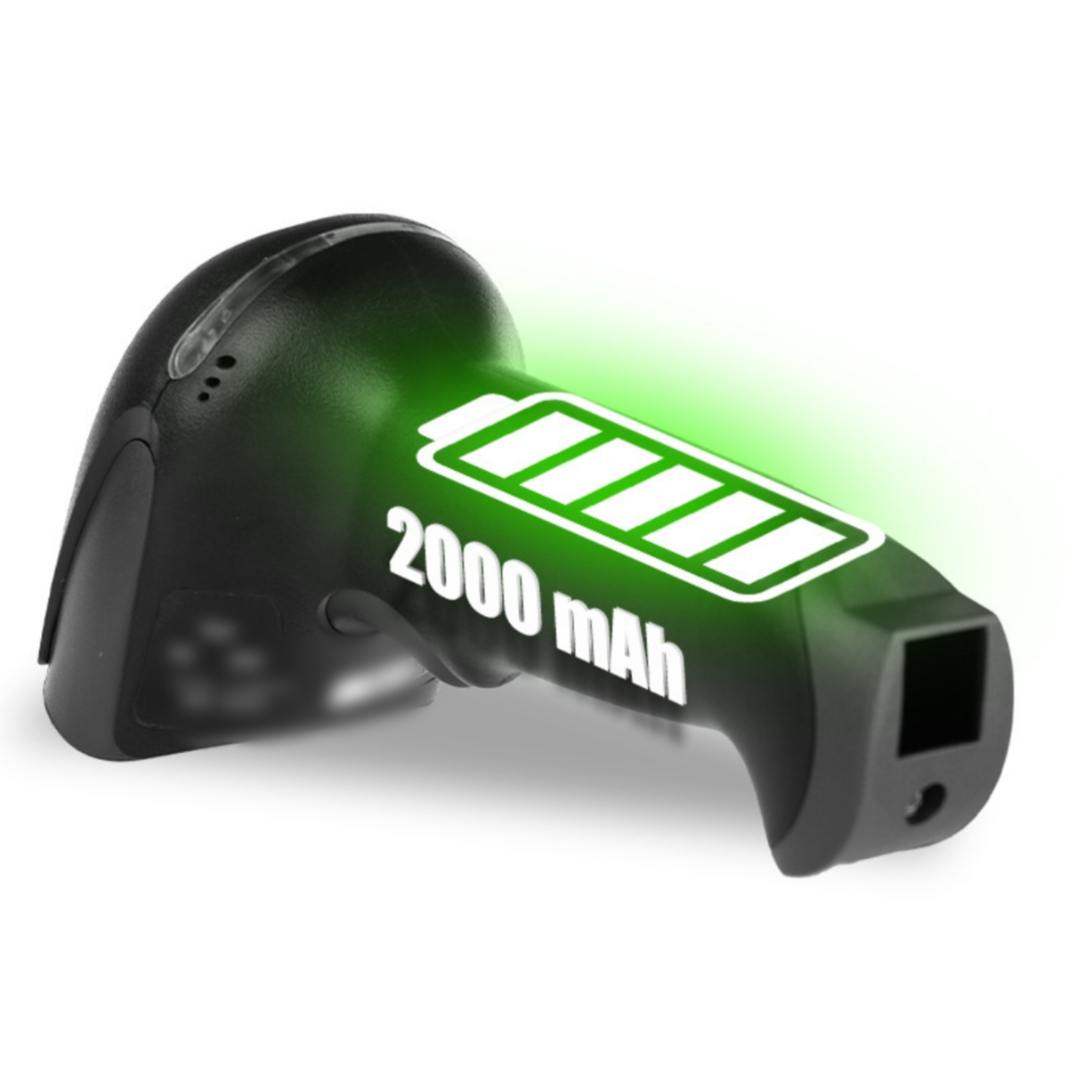 Schwarzer Barcodescanner mit grünem Licht und Batterieanzeige, zeigt 2000 mAh.