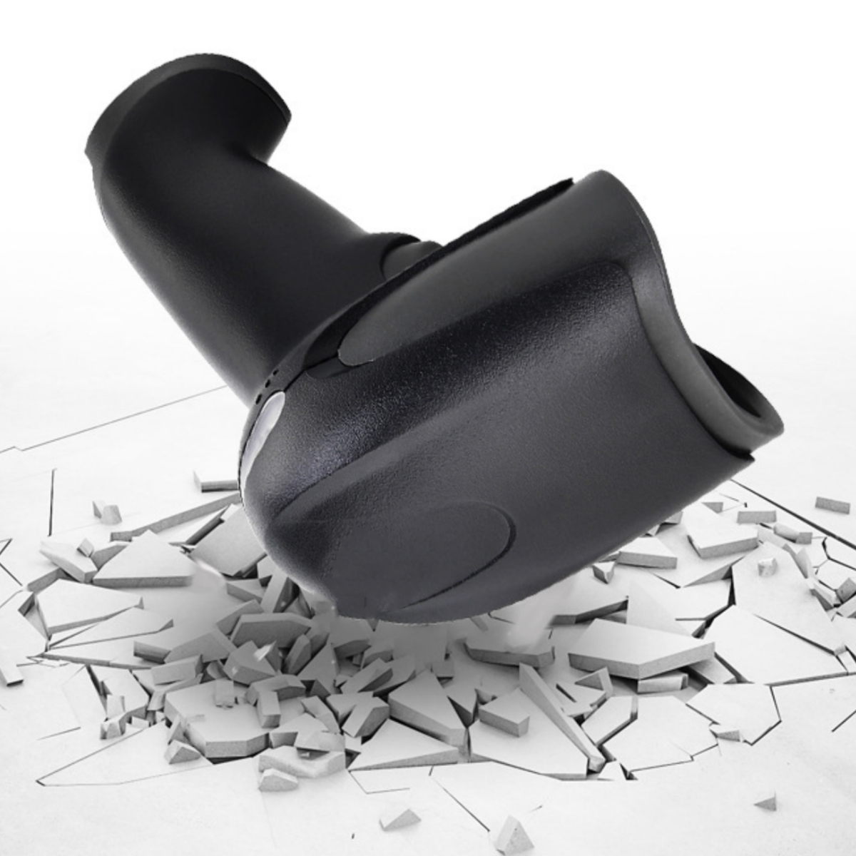 Ein schwarzer Barcode-Scanner fällt herunter und zerbricht in Stücke auf dem Boden.