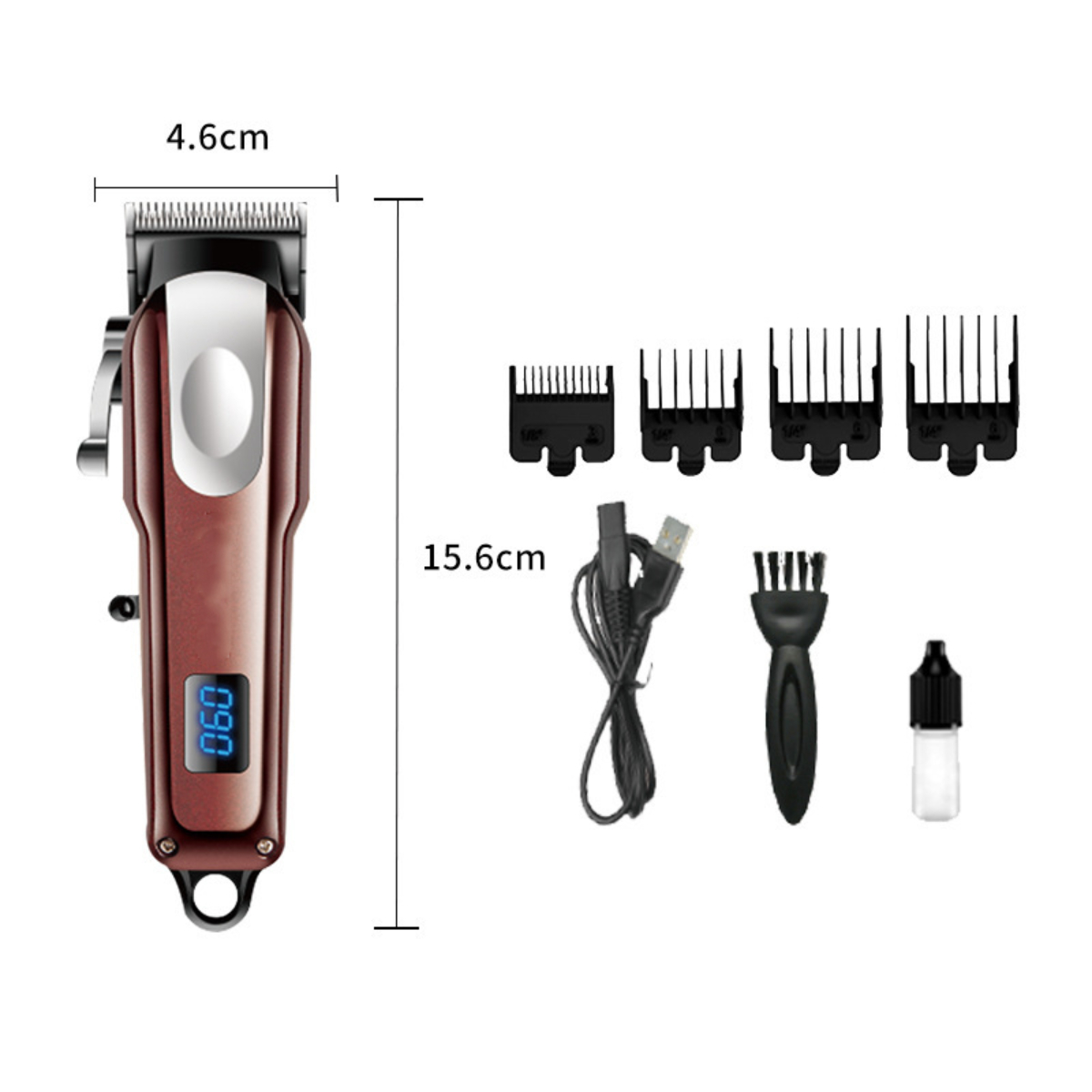 Braune und weiße Haarschneidemaschine mit Zubehör und Abmessungen.