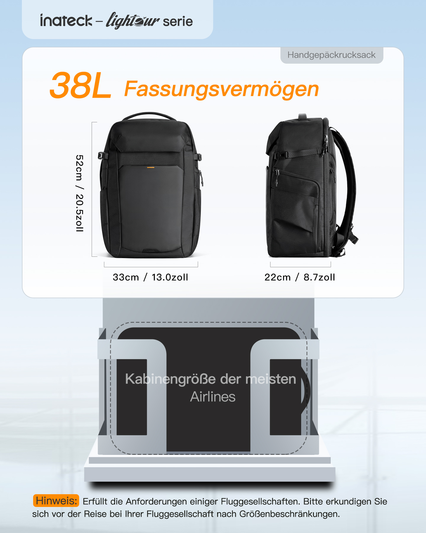 iPad, Reiserucksack 17\'\' TSA-freundliche und Schuhfach mit Laptop separatem black, 38L Unisex kompatibel 12\'\' mit INATECK