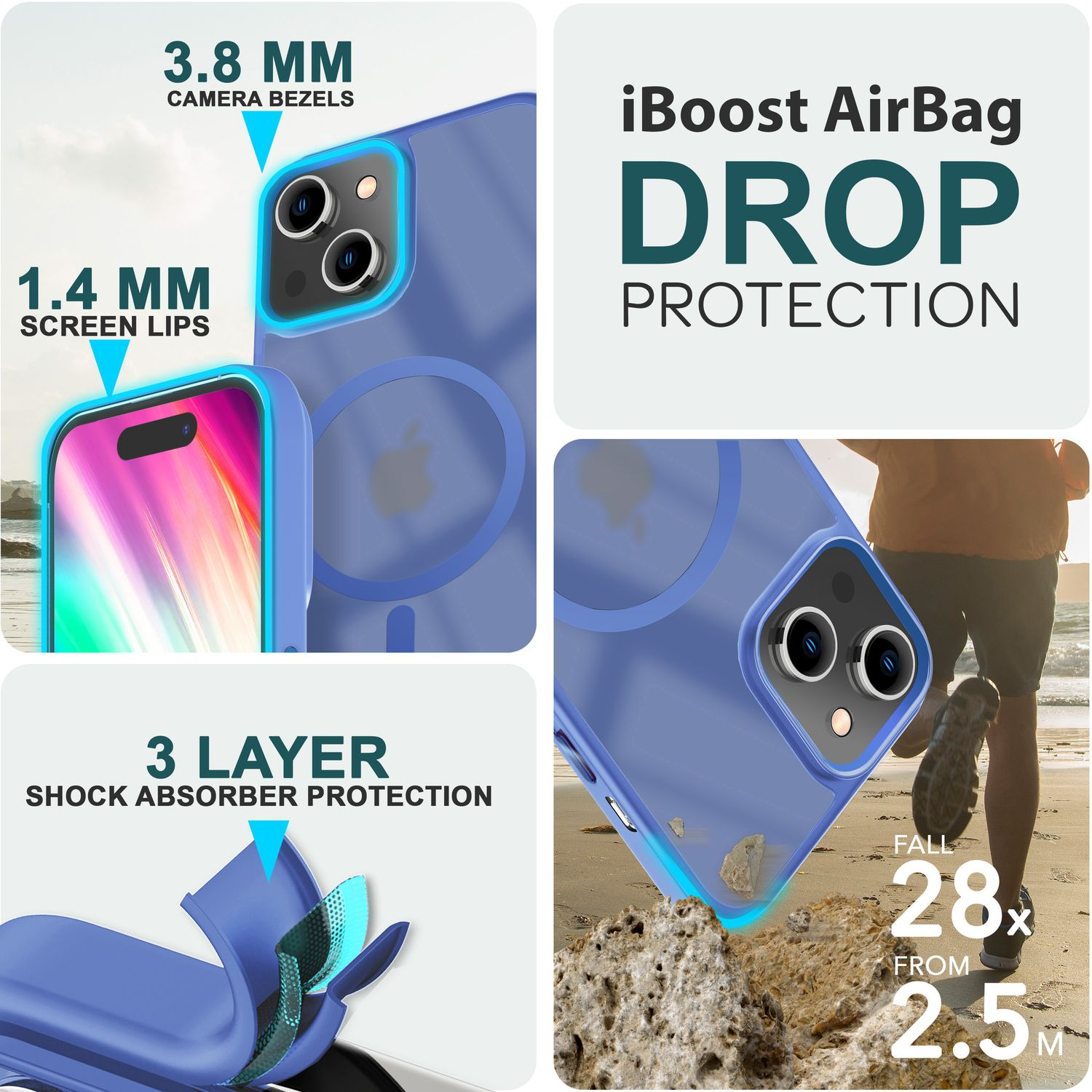 Caractéristiques de l'étui de téléphone. Étui bleu montrant les bordures de la caméra, les bords de l'écran et l'absorption des chocs à 3 couches.