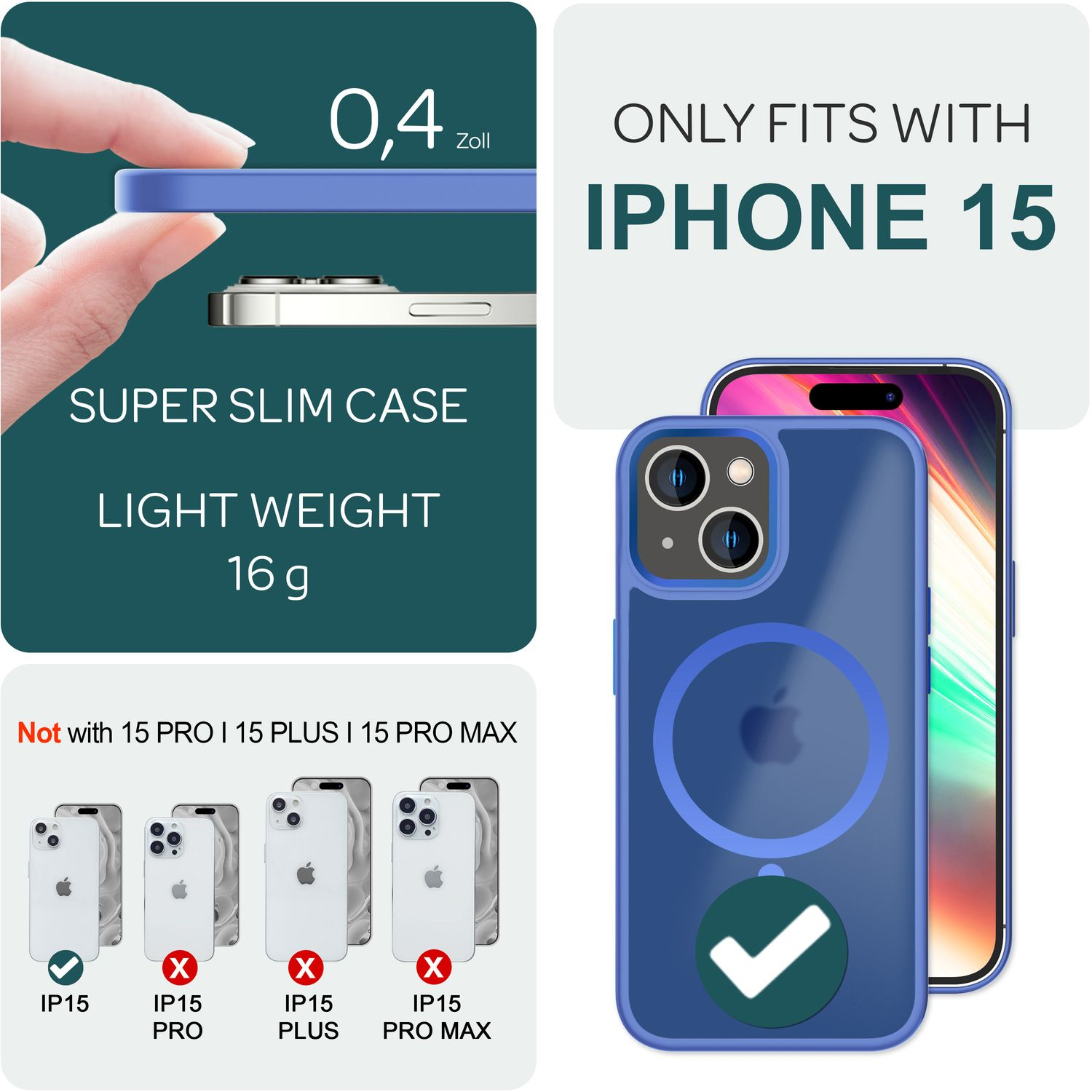 Une coque de téléphone bleue pour un iPhone 15, avec une coque en main. La coque est super fine et légère.