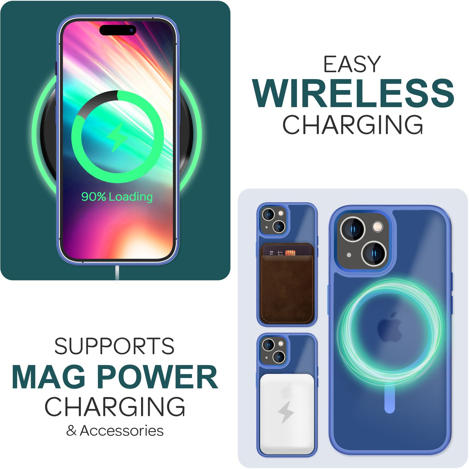 Configuration de chargement sans fil avec téléphone. Le téléphone affiche 90% de charge. Accessoires et étui sont affichés.