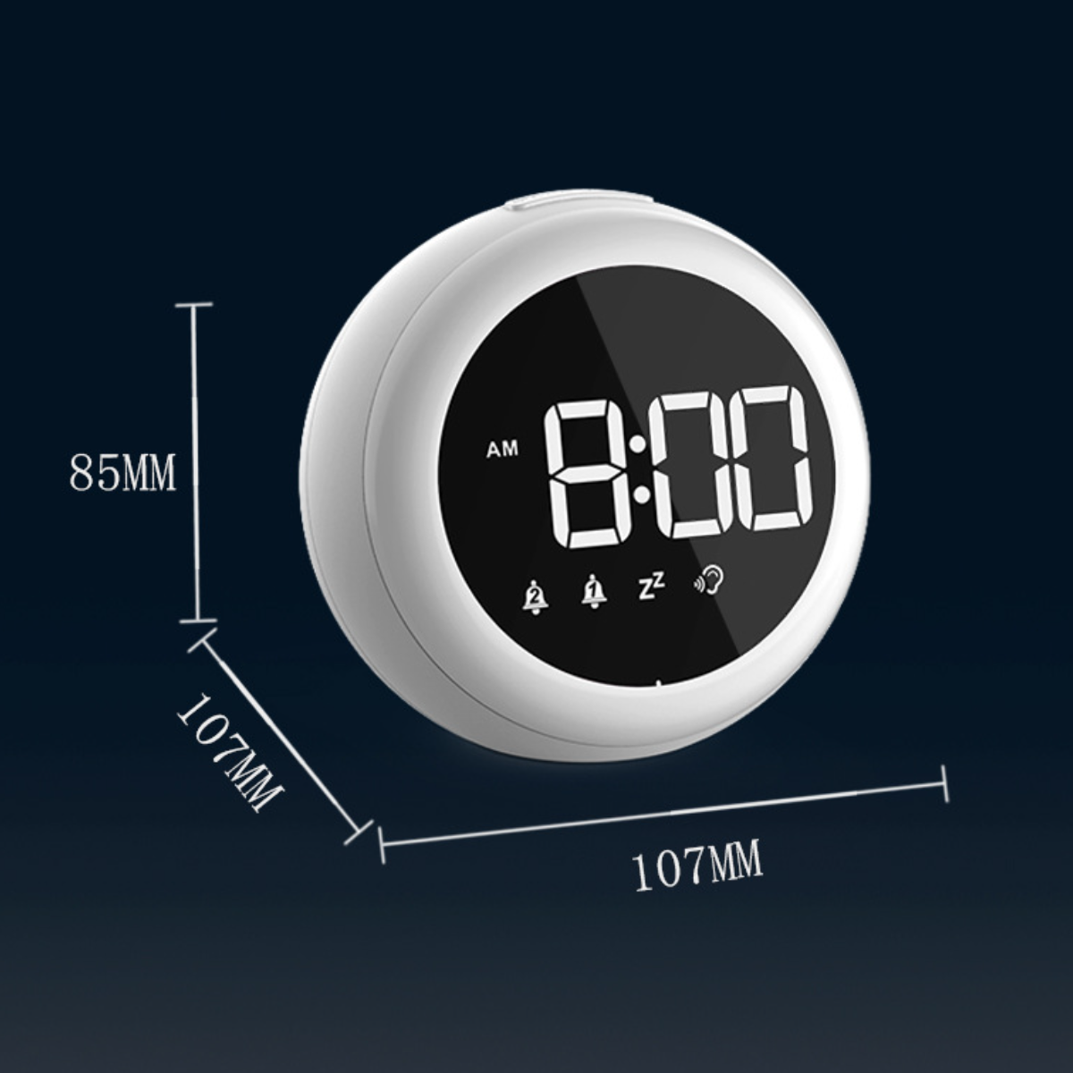 Digitaler Wecker, der 8:00 Uhr AM anzeigt. Er ist weiß und hat eine runde Form mit Maßen.
