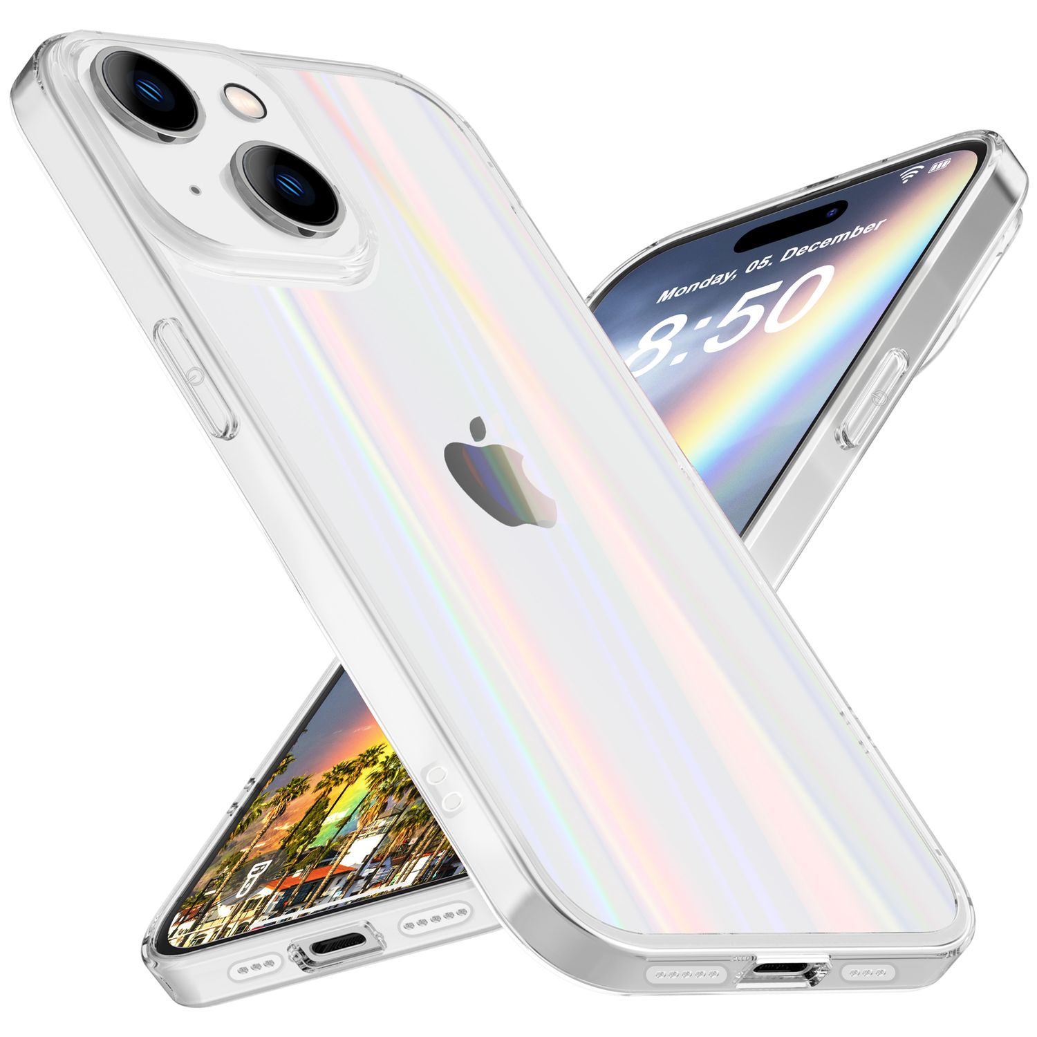 NALIA Klare Hartglas Hülle Transparent Effekt, Apple, Backcover, iPhone Plus, 15 Regenbogen