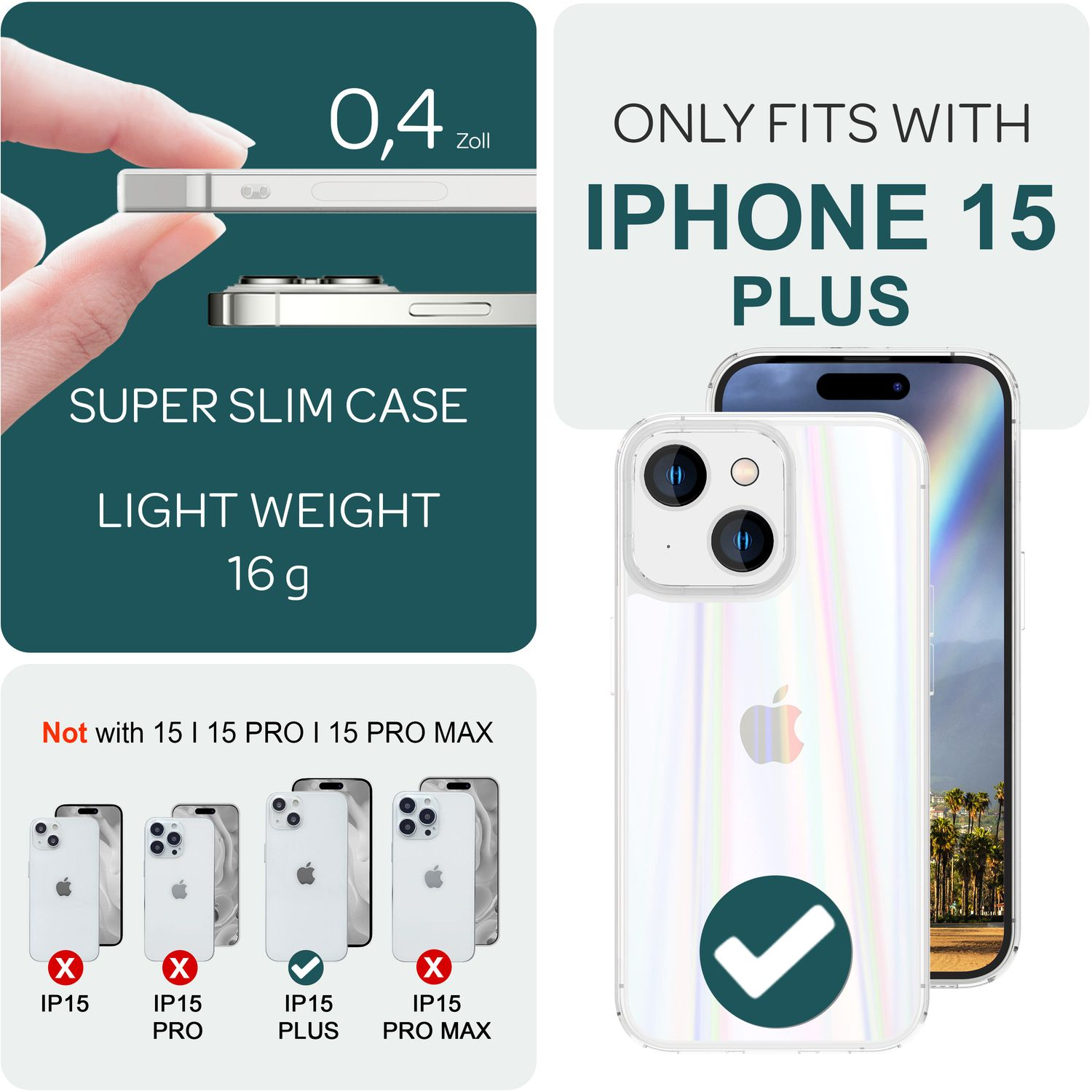 Ein iPhone 15 Plus mit einer transparenten Hülle. Das Bild zeigt Hülle und Telefon, mit Größen- und Kompatibilitätsinfo.