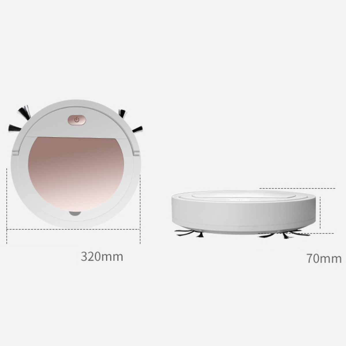 Weißer und roségoldener Roboter-Staubsauger, mit Maßen, und schwarzen Bürsten.