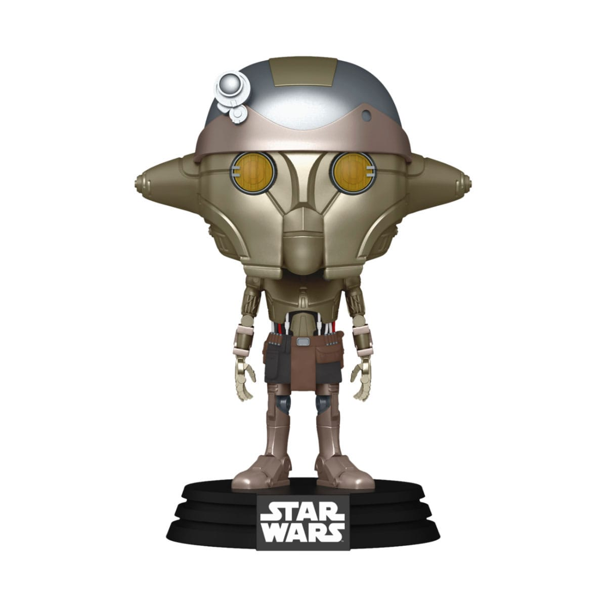 Eine Star Wars Droidenfigur. Es ist goldfarben und hat eine schwarze Basis.