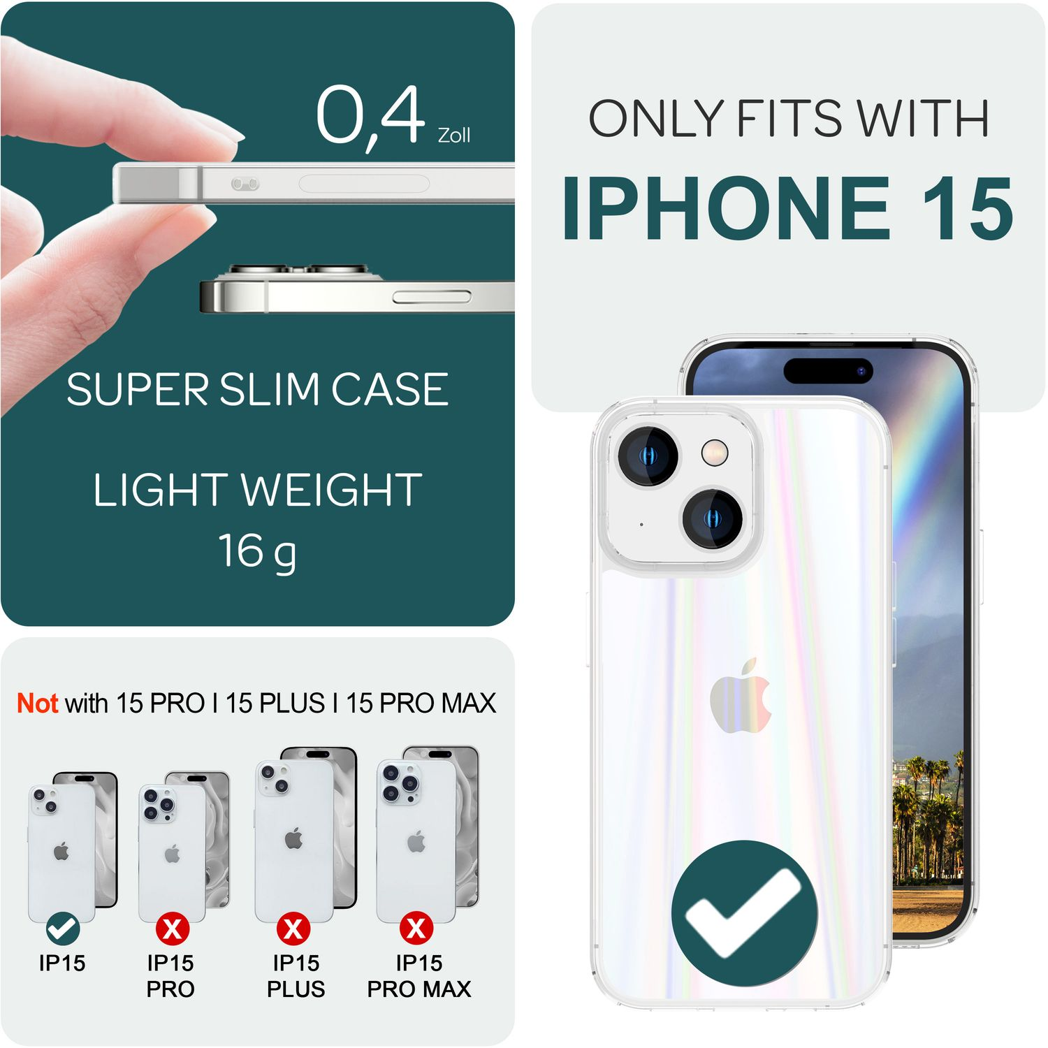iPhone Transparent Effekt, 15, Apple, Backcover, Regenbogen NALIA Klare Hartglas Hülle