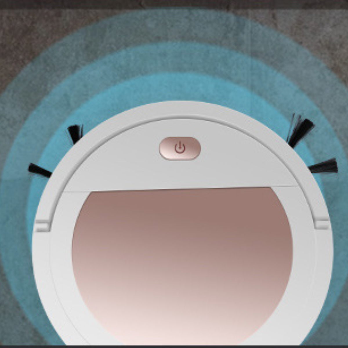 Weißer, kreisförmiger Roboter-Staubsauger auf dem Boden. Blaue Kreise umgeben ihn.