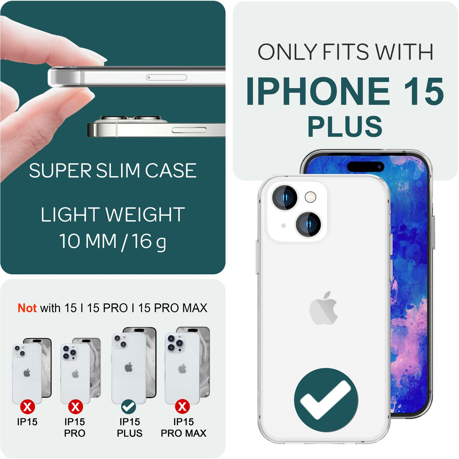 Coque et téléphone iPhone 15 Plus. Texte: Coque super fine, légère et iPhone 15 Plus.