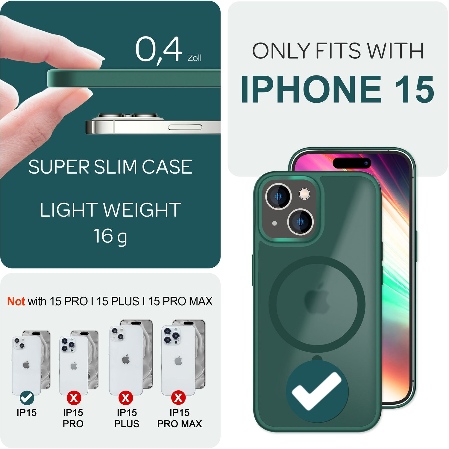 Coque de téléphone verte, avec le texte 'SEULEMENT POUR IPHONE 15'. Une main tient la coque.