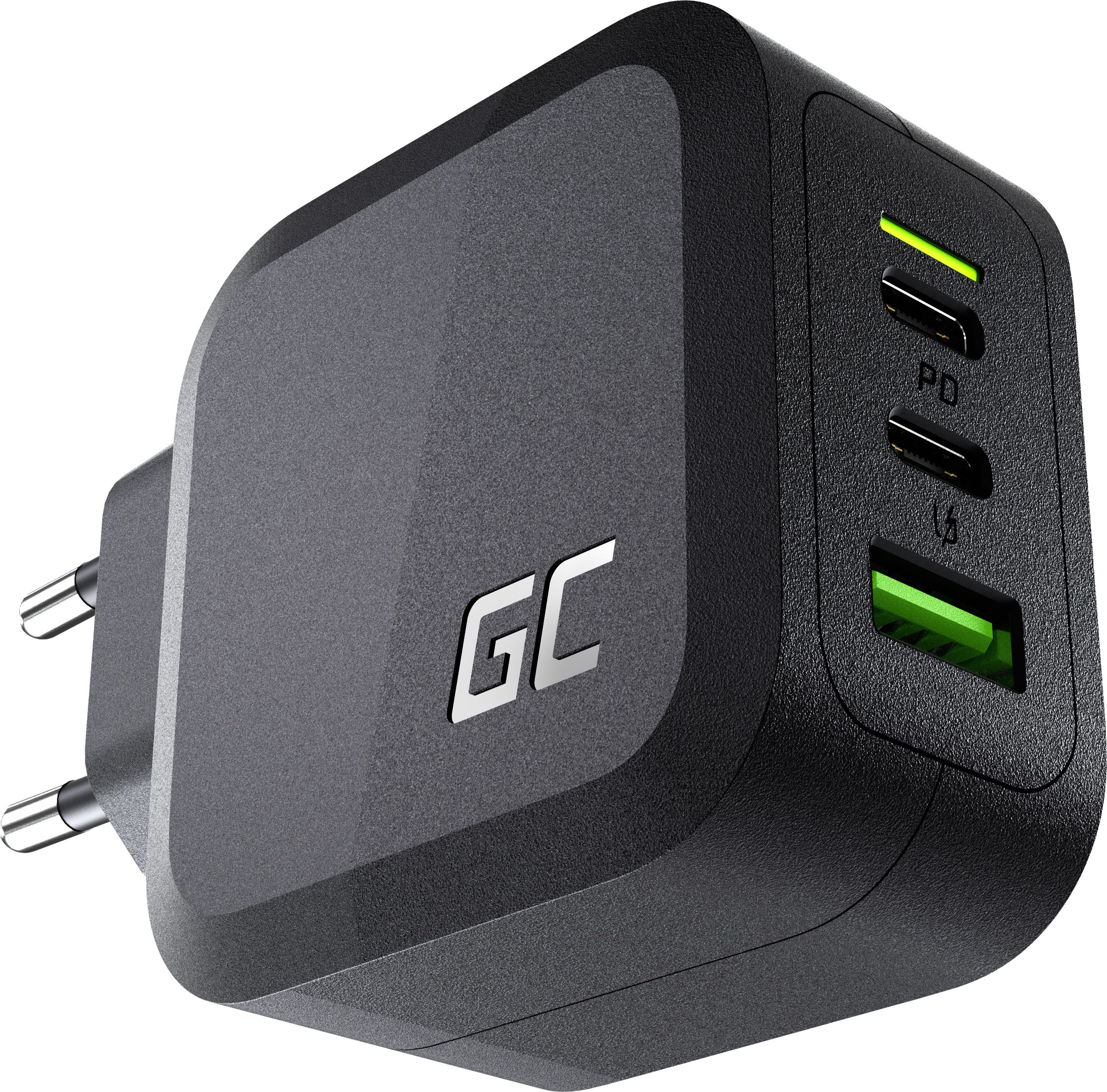 Caricatore GC nero e grigio con due porte USB-C e una USB-A; luci verdi.