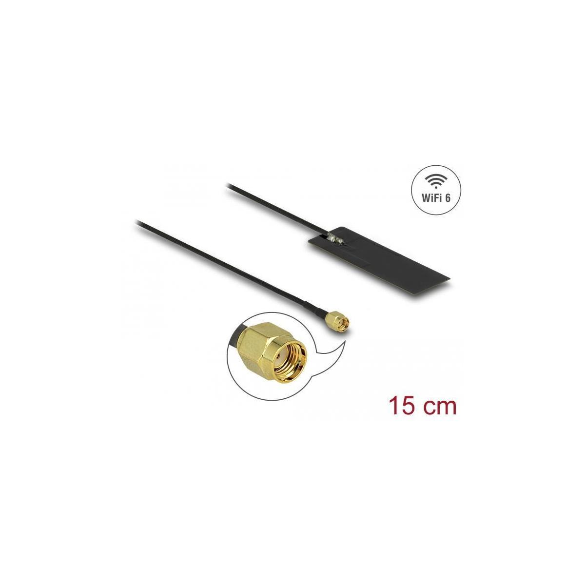 Eine schwarze WLAN-Antenne mit goldenem Stecker, beschriftet mit 'WiFi 6' und '15 cm' auf Weiß.