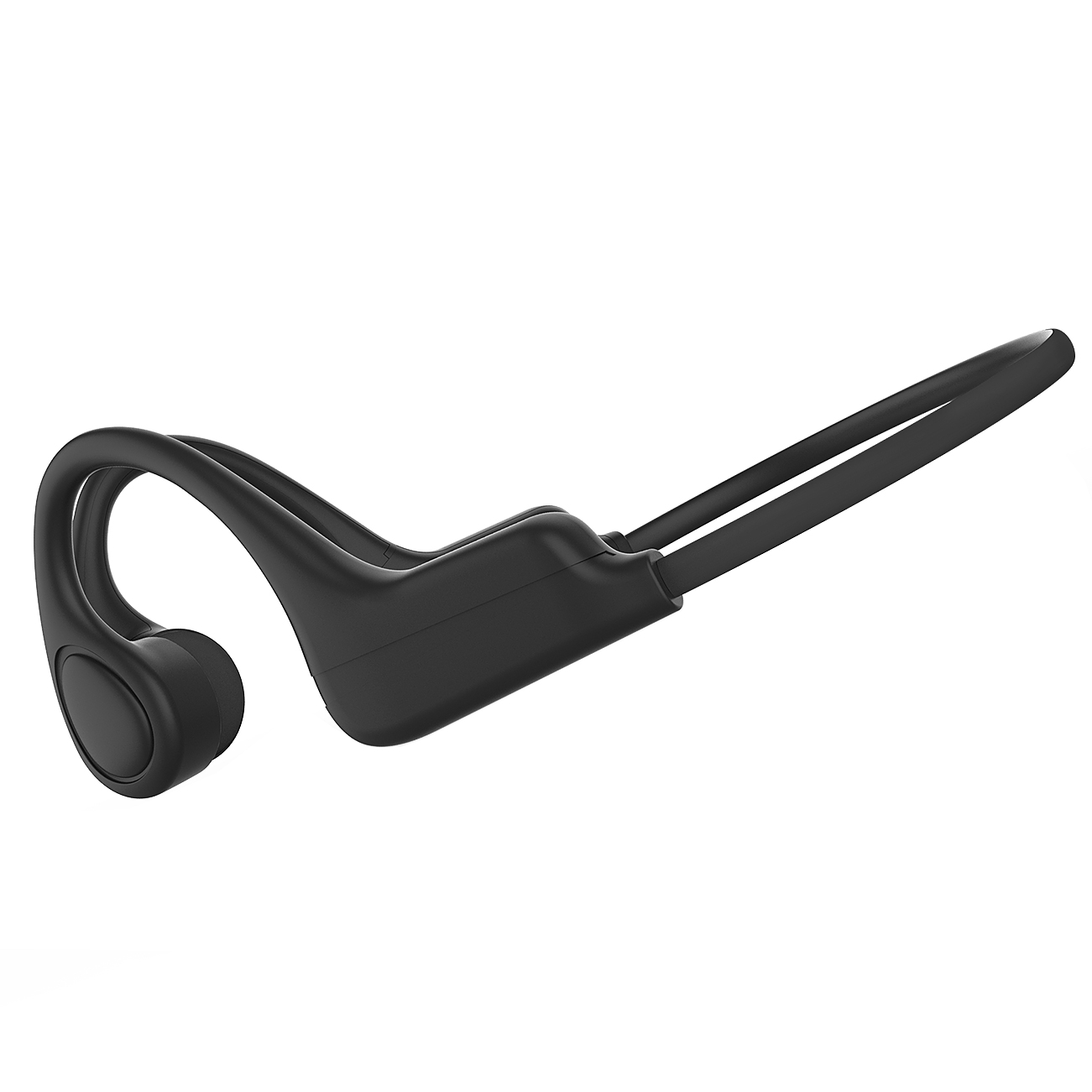 Schwarzer Knochenschall-Kopfhörer auf weißem Hintergrund. Das Design ist elegant und gebogen.