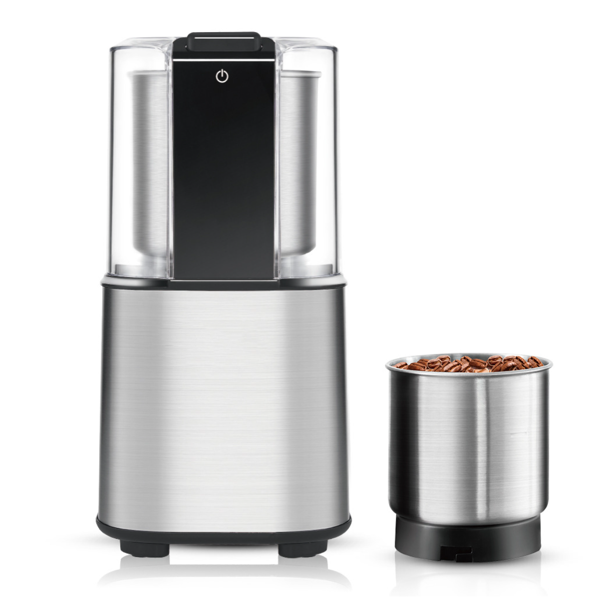 Eine Kaffeemühle. Sie ist silberfarben mit einem schwarzen Deckel und einem separaten Behälter mit Kaffeebohnen.