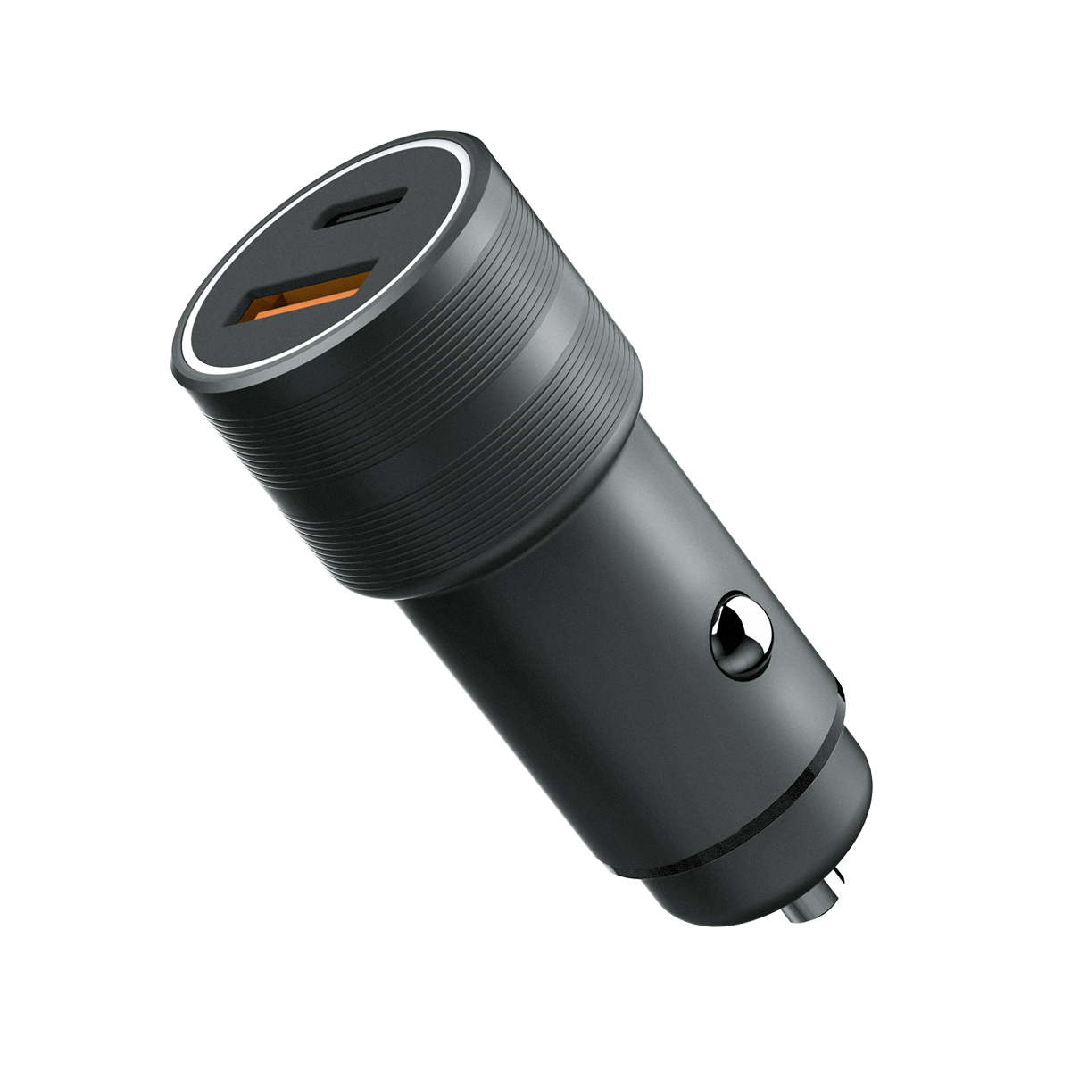 Ein schwarzes Autoladegerät mit zwei USB-Anschlüssen, isoliert auf weißem Hintergrund.