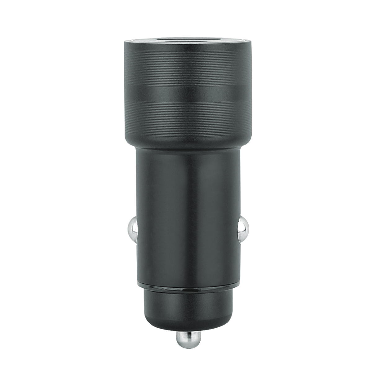 Schwarzer Autoladeadapter, zylindrische Form, mit zwei silbernen Akzenten, auf weißem Hintergrund.