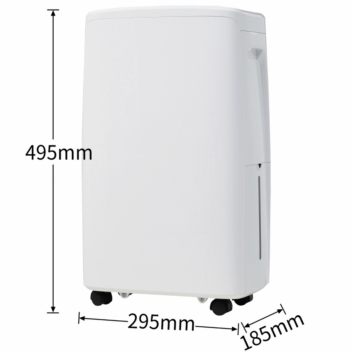 Weißer Luftentfeuchter mit Maßen: 495 mm hoch, 295 mm breit und 185 mm tief. Mit Rädern.