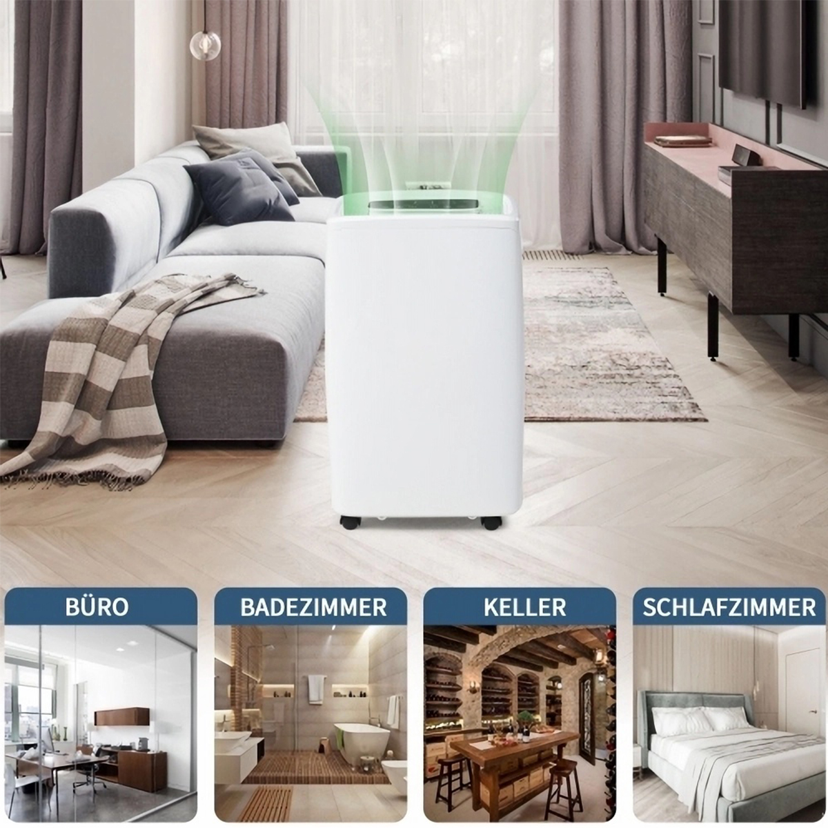 Weißer Luftreiniger in einem Wohnzimmer, darunter vier verschiedene Raumszenen.