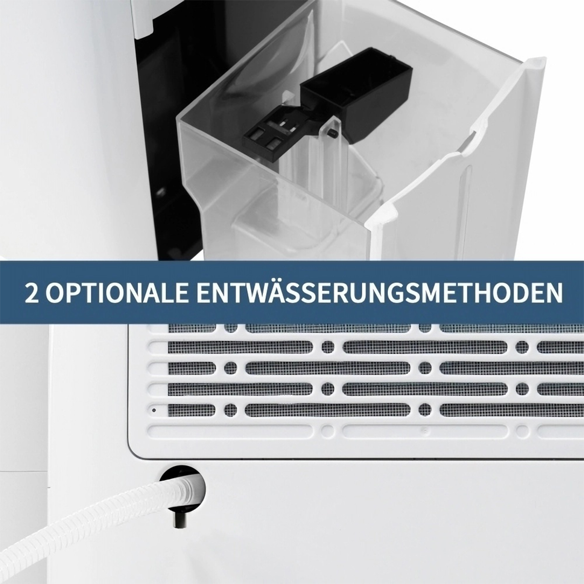 Nahaufnahme eines weißen Luftreinigers mit Schlauch und Text: '2 OPTIONALE ENTWÄSSERUNGSMETHODEN'.