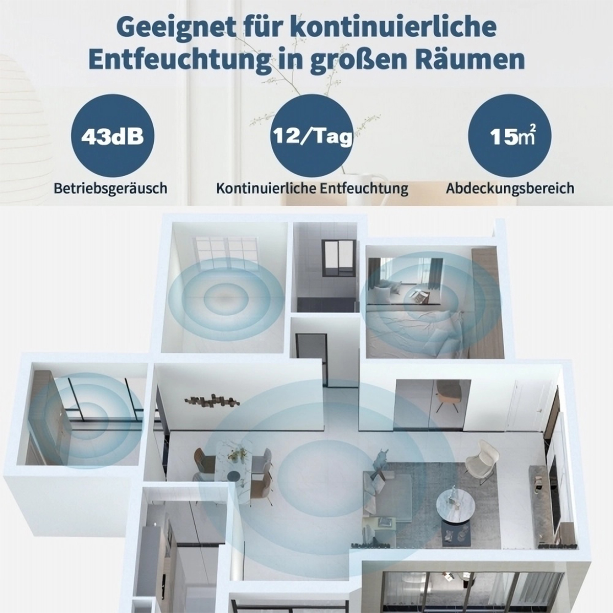 Ein Diagramm eines Hauses, das den Abdeckungsbereich für einen Luftentfeuchter zeigt.