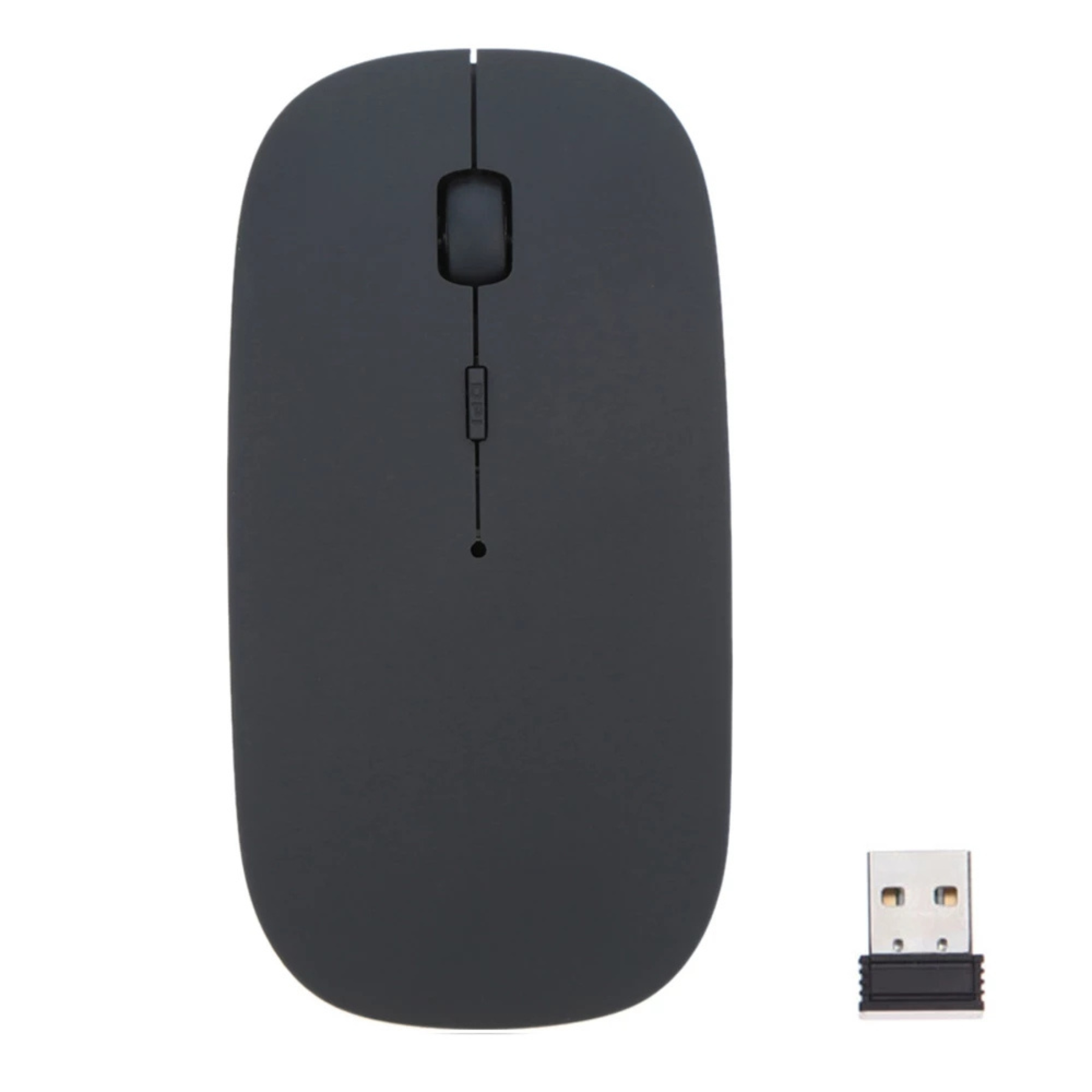 Dunkelgraue kabellose Maus mit USB-Empfänger auf weißem Hintergrund.
