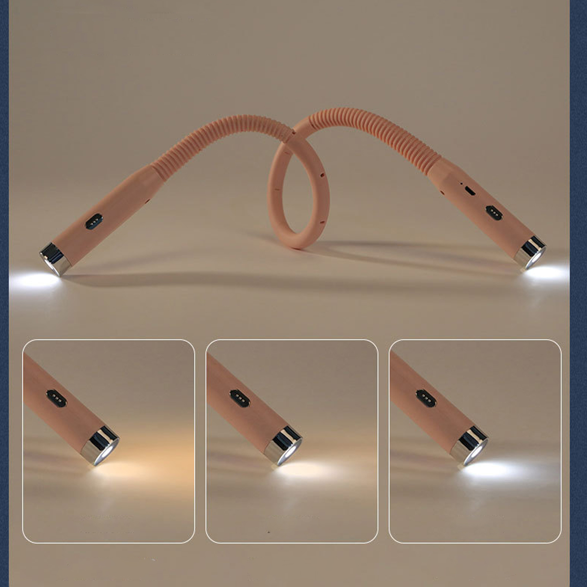 Zwei flexible rosa Lichter. Eines hat eine Schleife, das andere ein Licht an. Drei Lichteinstellungen werden gezeigt.
